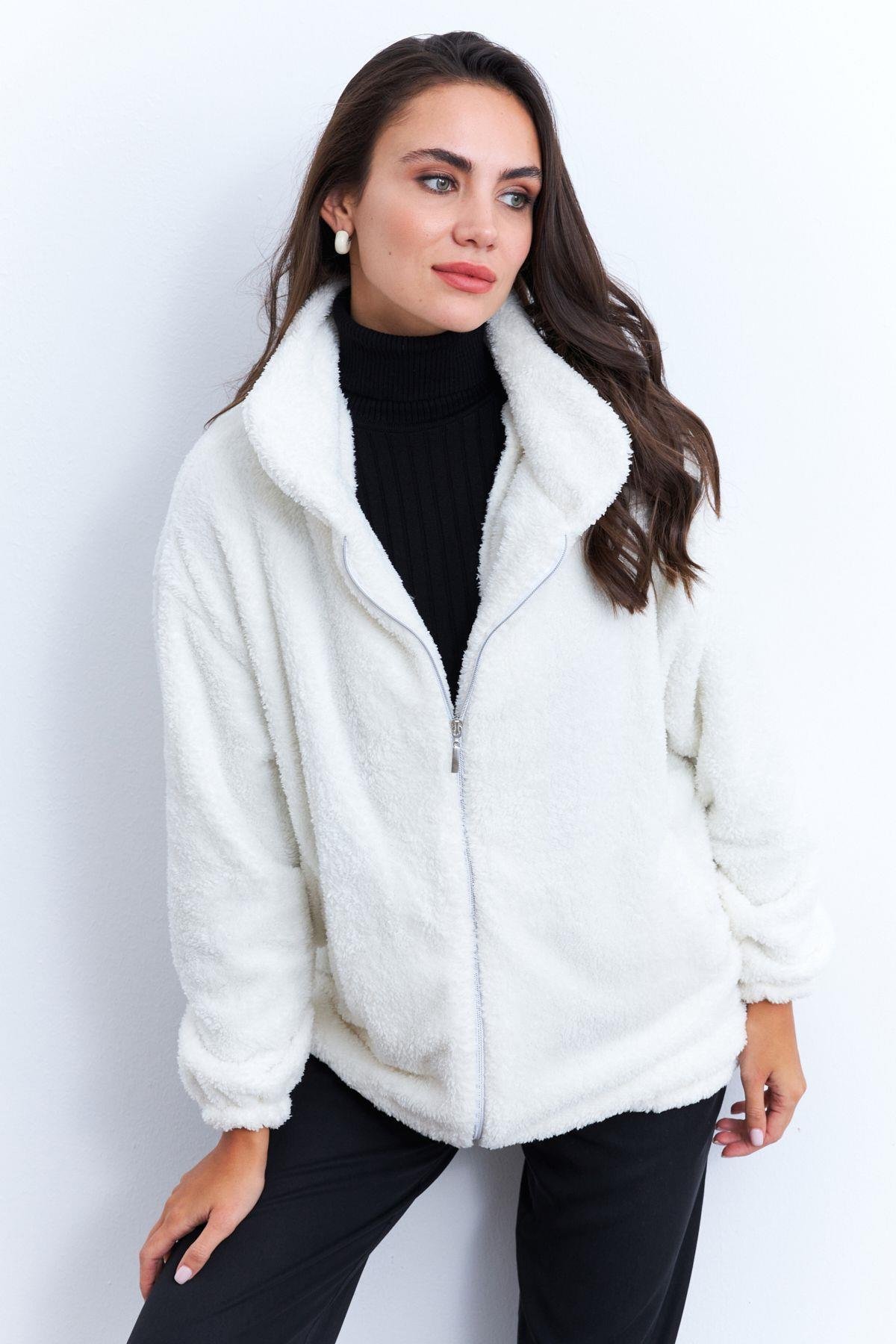 Kadın Ekru Peluş Mont LYT58
