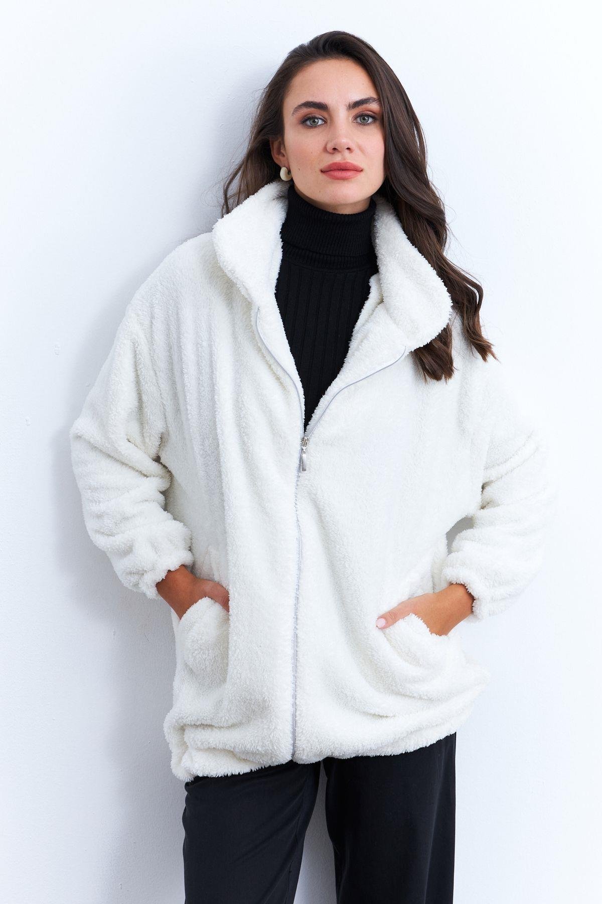 Kadın Ekru Peluş Mont LYT58