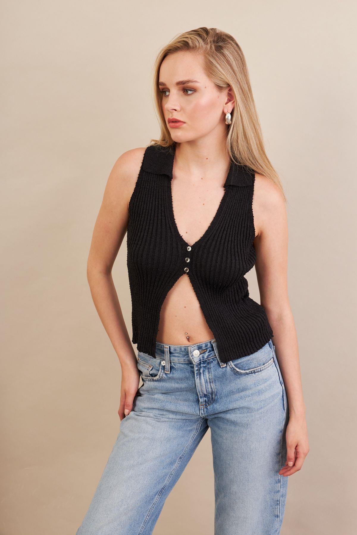Kadın Ekru Polo Yaka Yumoş Yelek ZH050