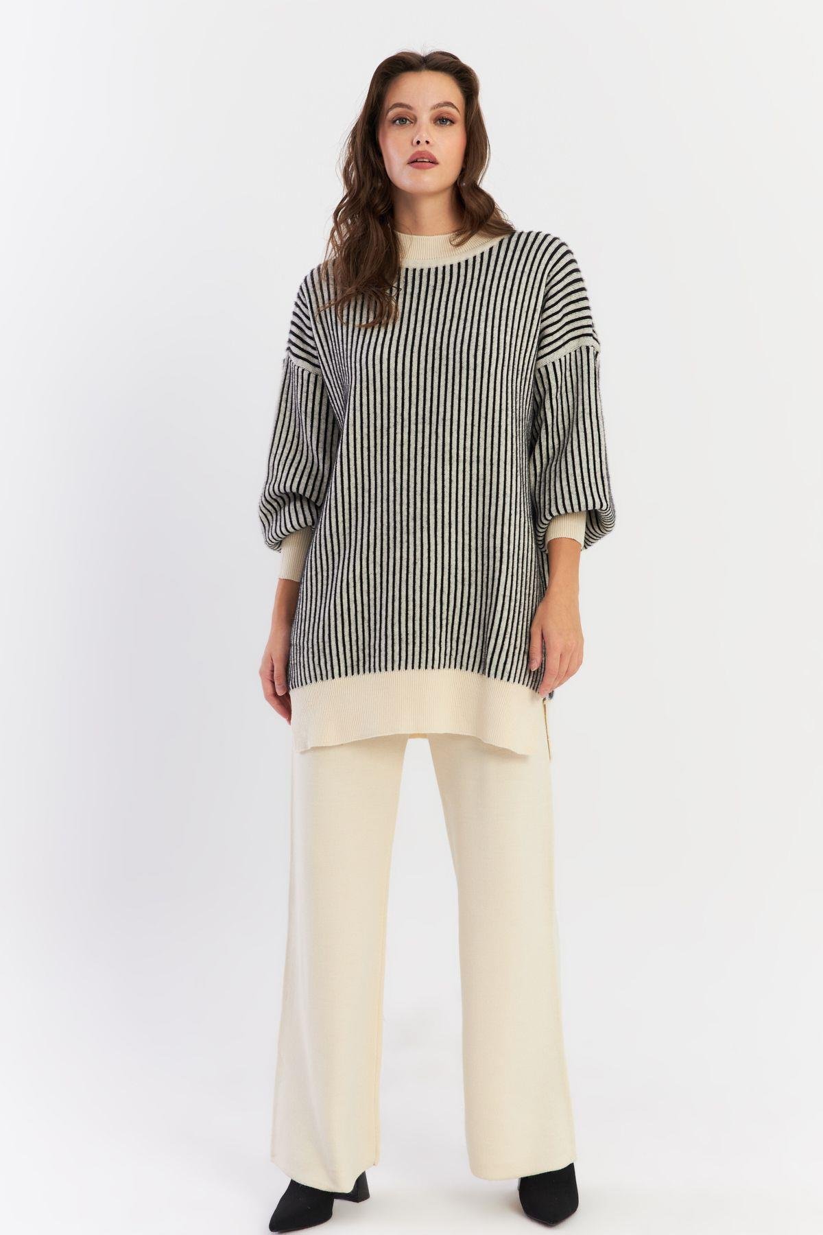 Kadın Ekru-Siyah Alt Üst Pantalon Triko Takım NUV35