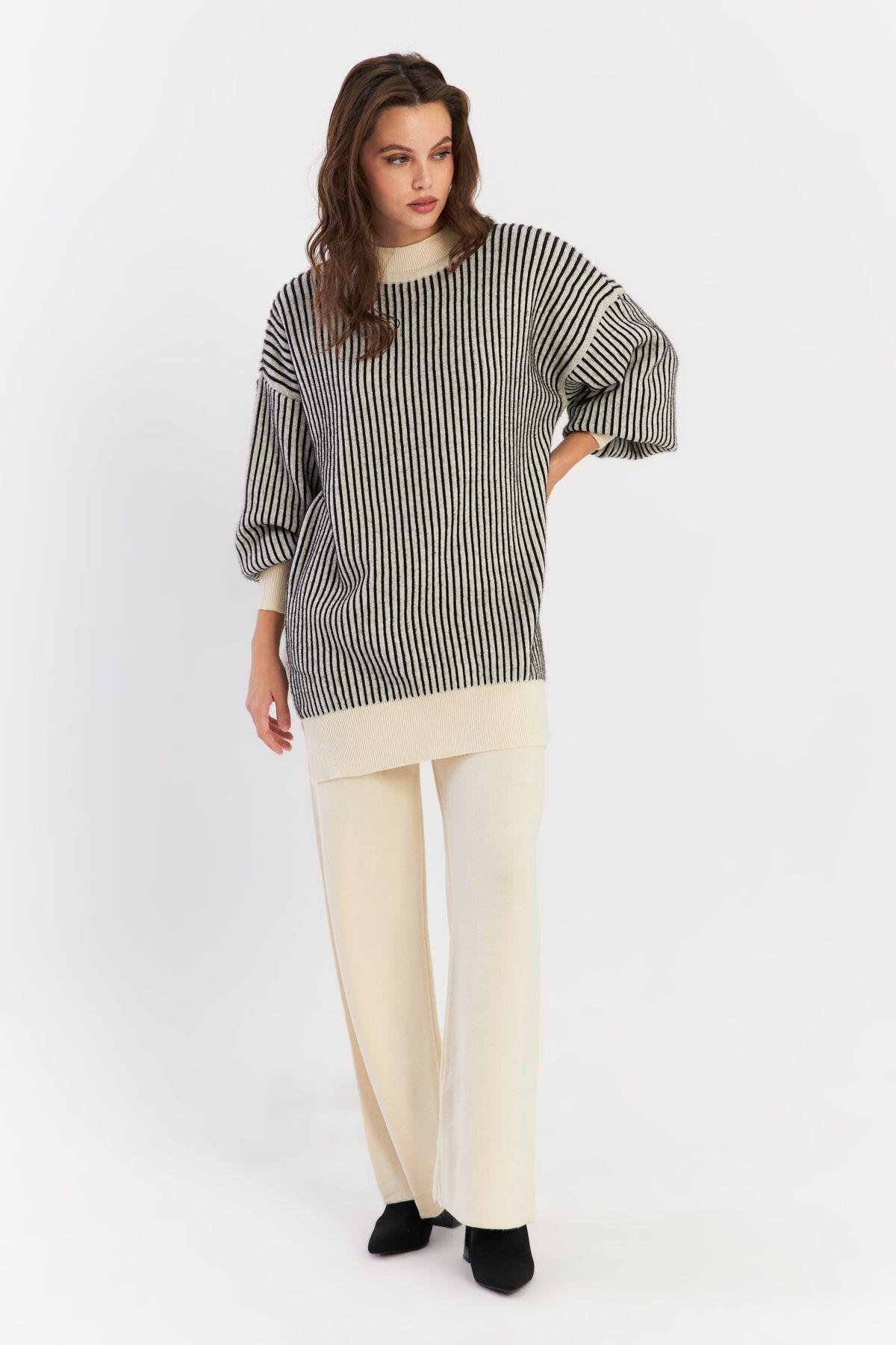 Kadın Ekru-Siyah Alt Üst Pantalon Triko Takım NUV35