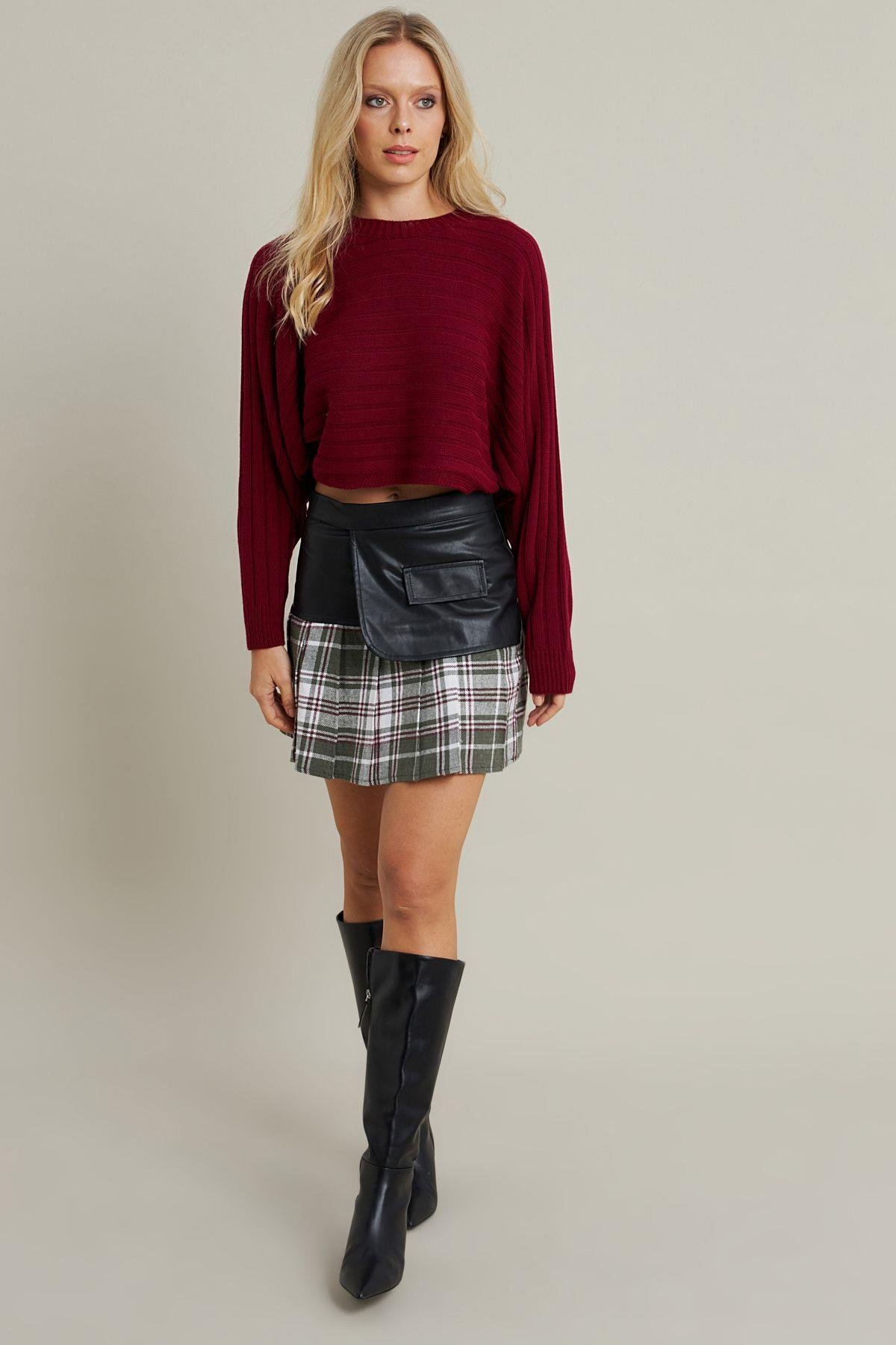 Kadın Ekru-Siyah Kazayağı Suni Deri Mini Etek NH93