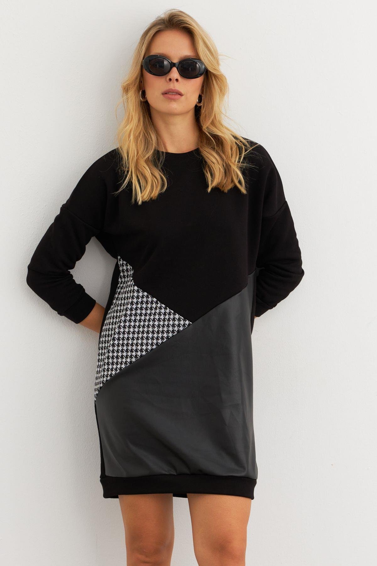 Kadın Ekru-Siyah Leopar Desenli Mini Sweat Elbise ST145