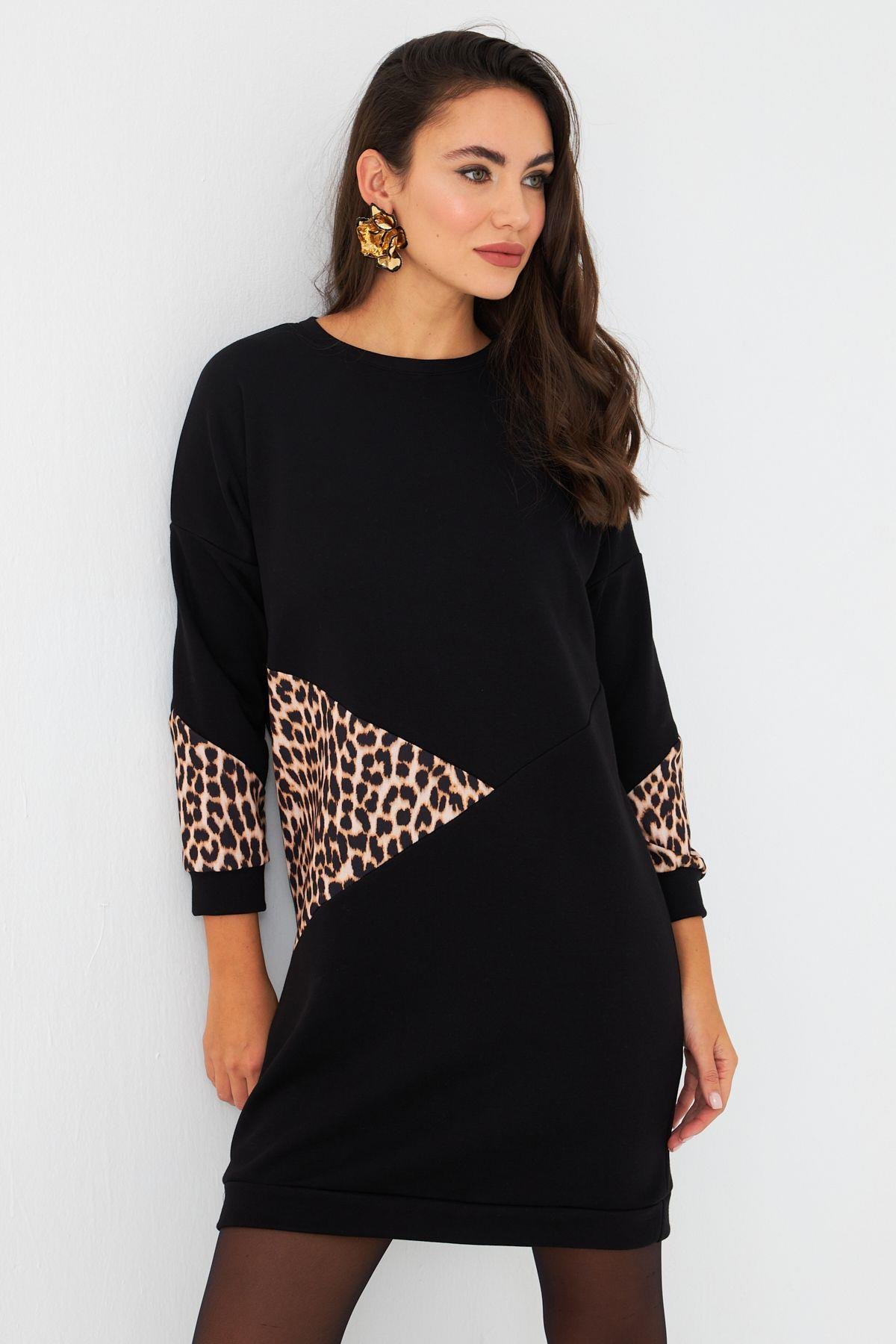 Kadın Ekru-Siyah Leopar Desenli Mini Sweat Elbise ST145