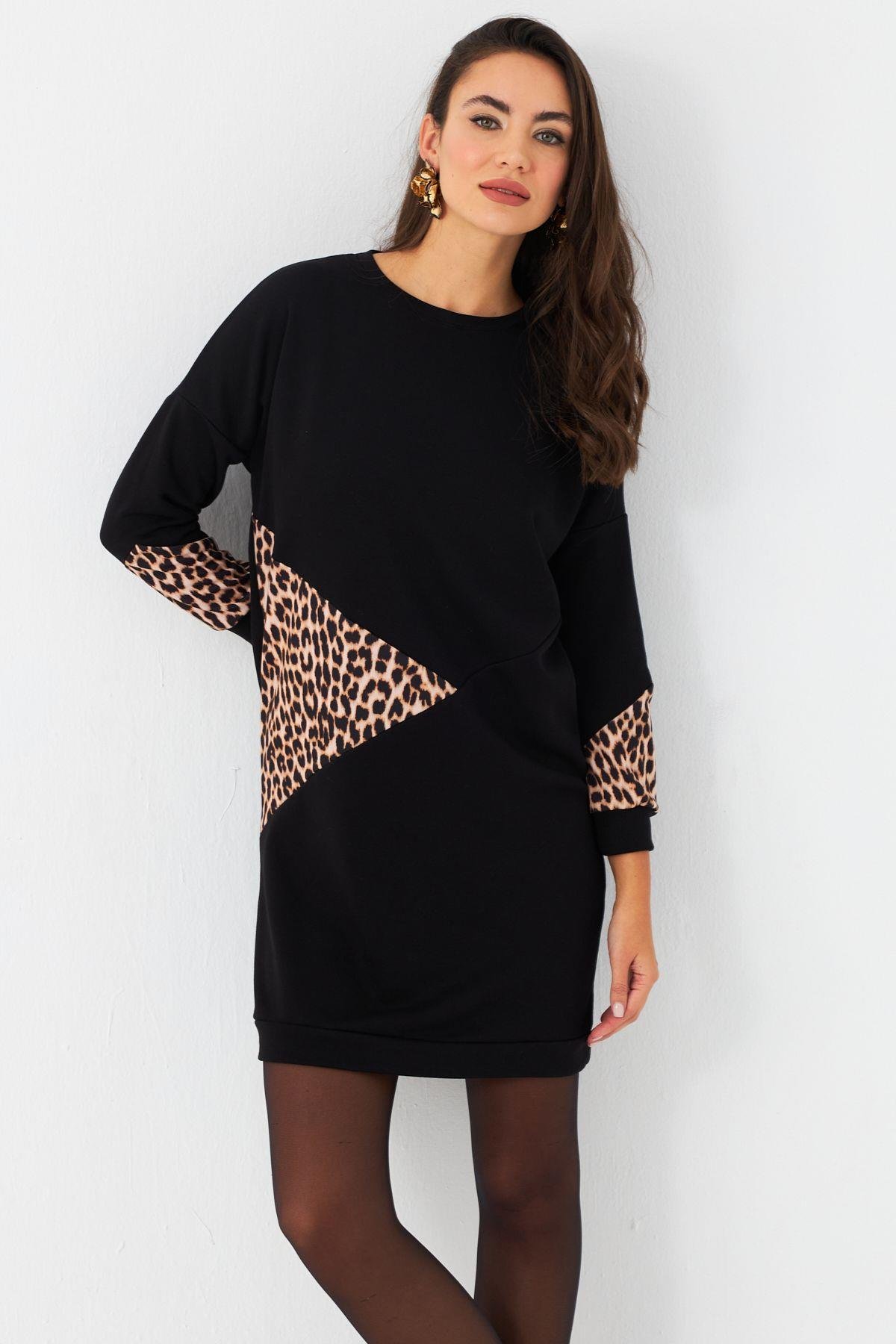 Kadın Ekru-Siyah Leopar Desenli Mini Sweat Elbise ST145