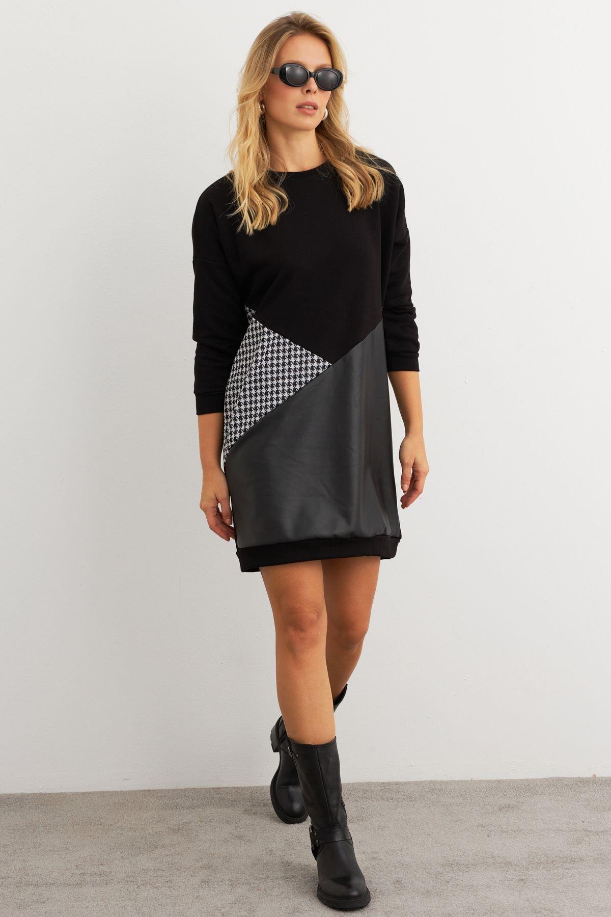 Kadın Ekru-Siyah Leopar Desenli Mini Sweat Elbise ST145
