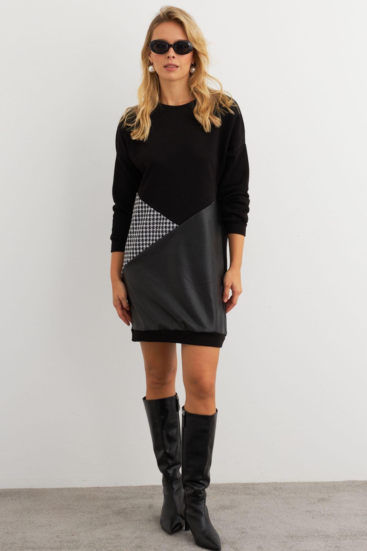 Kadın Ekru-Siyah Leopar Desenli Mini Sweat Elbise ST145