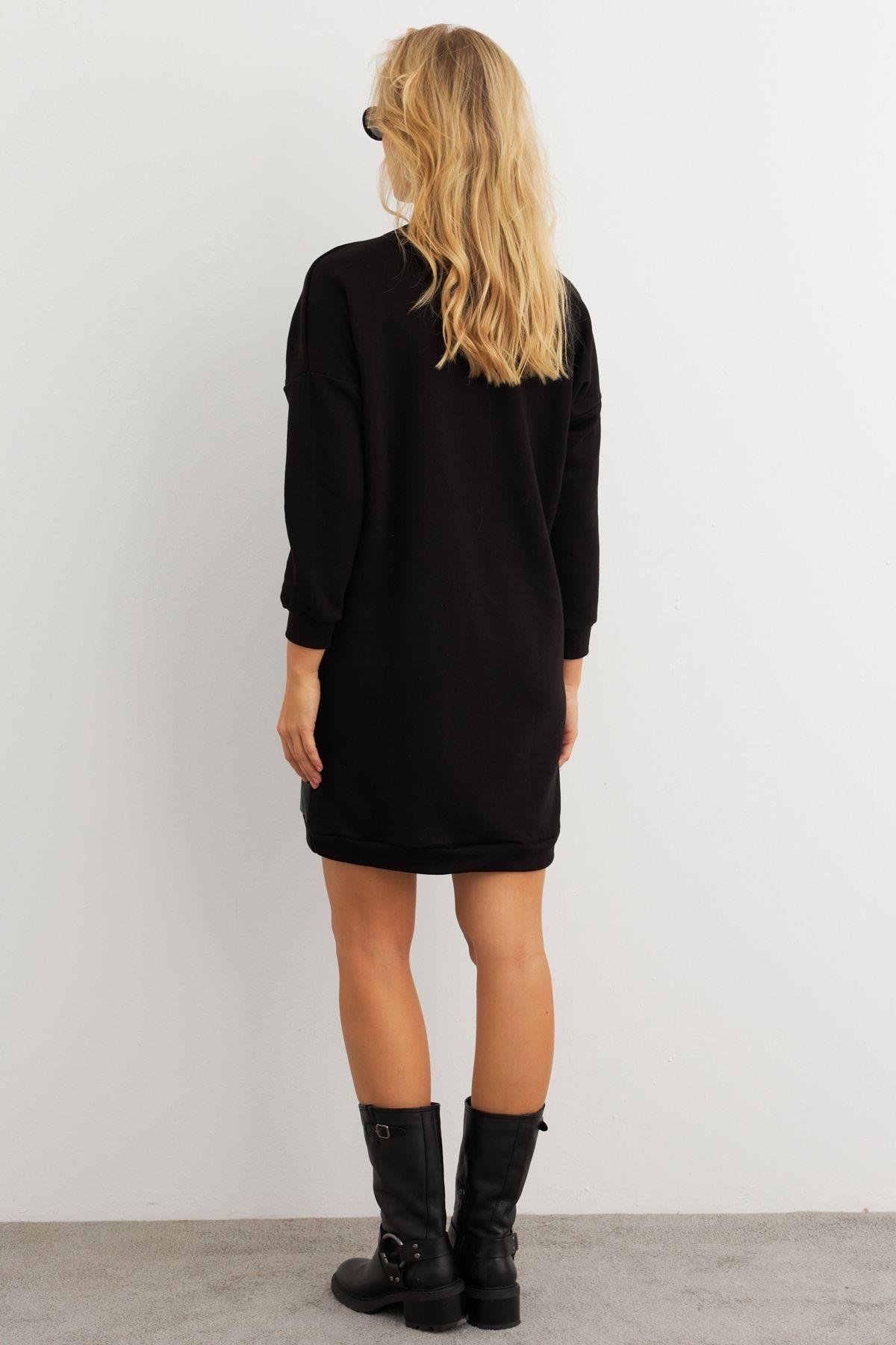 Kadın Ekru-Siyah Leopar Desenli Mini Sweat Elbise ST145
