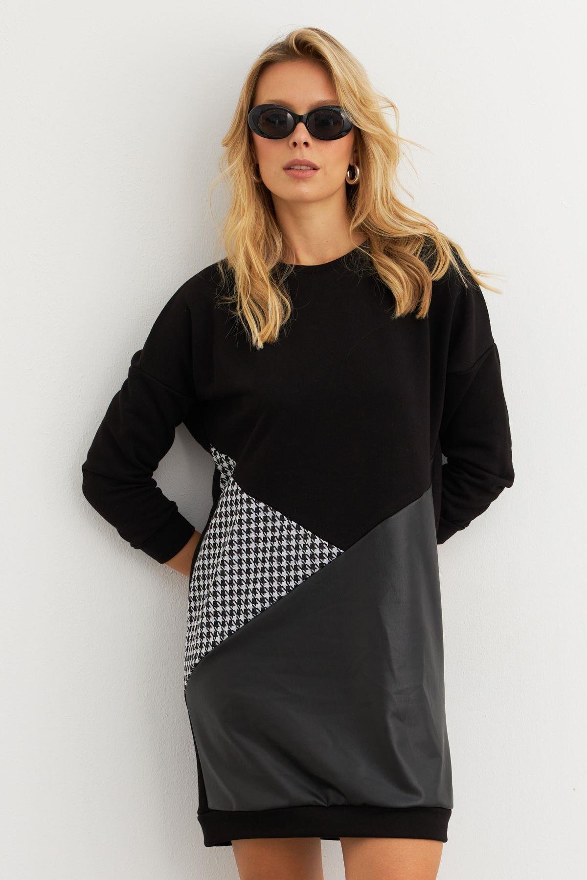 Kadın Ekru-Siyah Leopar Desenli Mini Sweat Elbise ST145