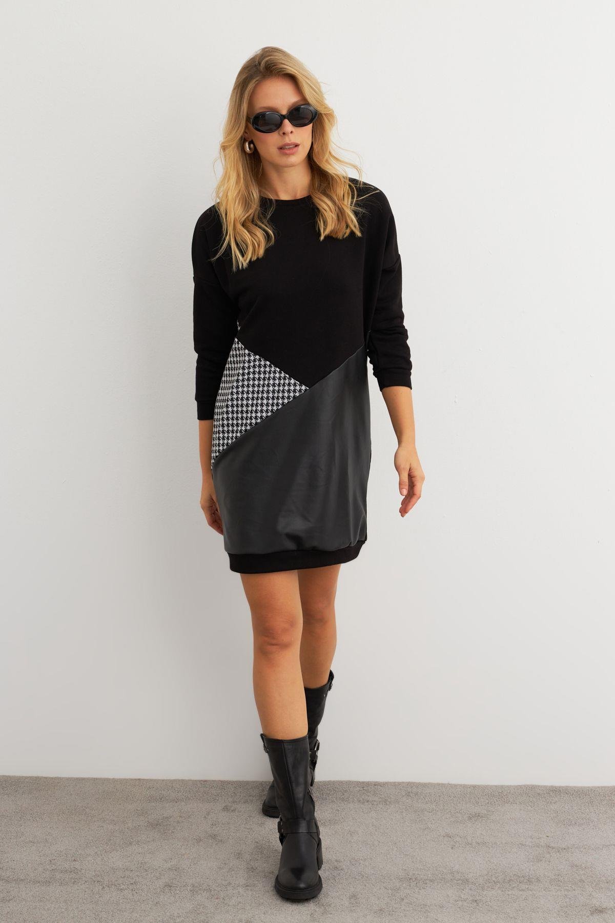 Kadın Ekru-Siyah Leopar Desenli Mini Sweat Elbise ST145