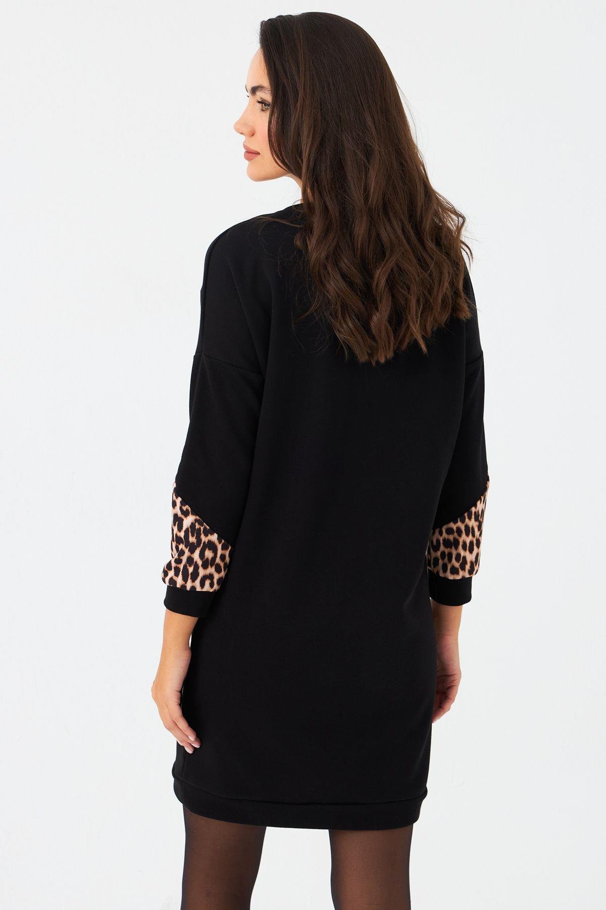 Kadın Ekru-Siyah Leopar Desenli Mini Sweat Elbise ST145