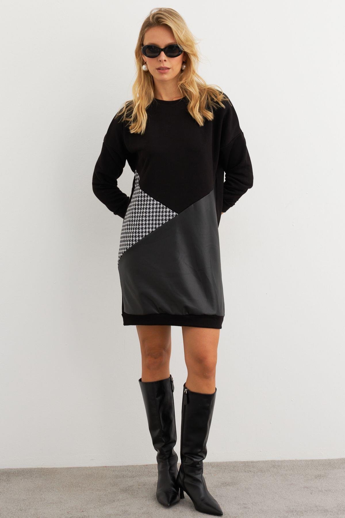 Kadın Ekru-Siyah Leopar Desenli Mini Sweat Elbise ST145