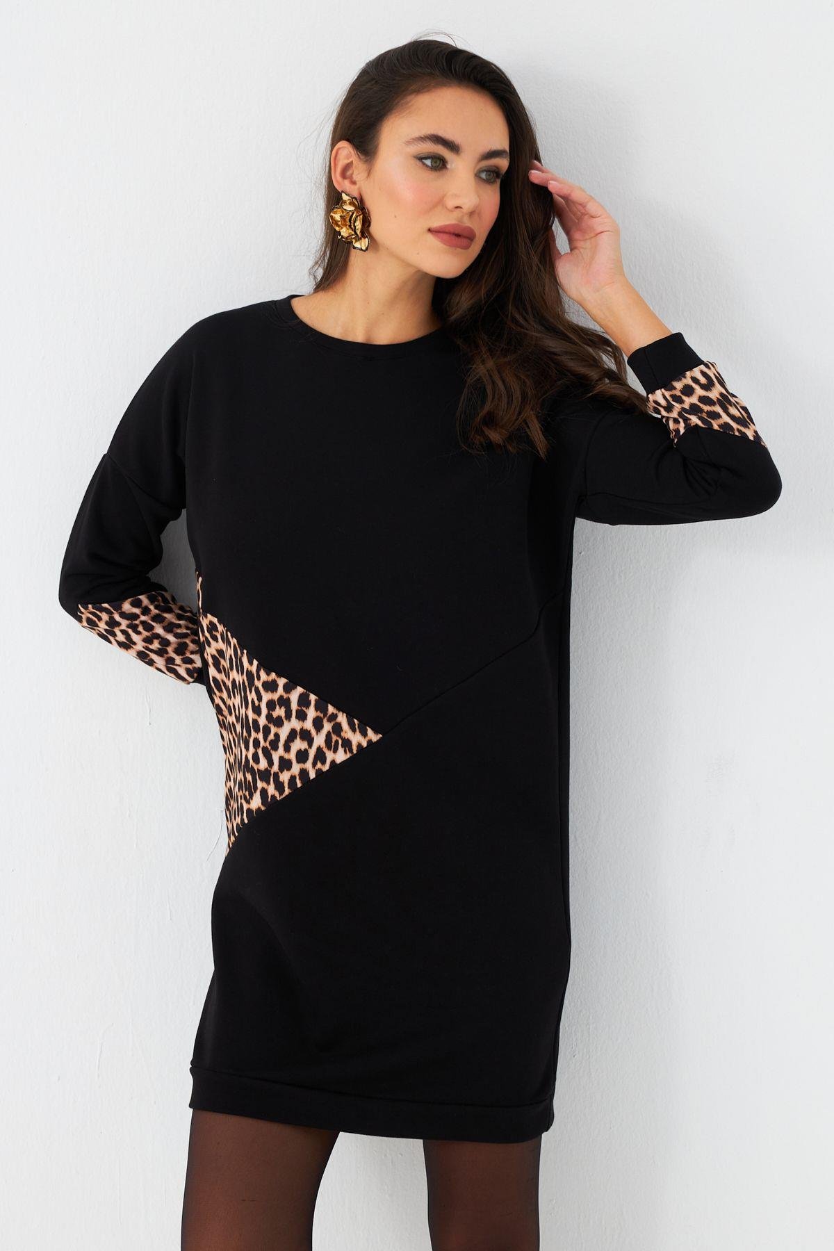 Kadın Ekru-Siyah Leopar Desenli Mini Sweat Elbise ST145