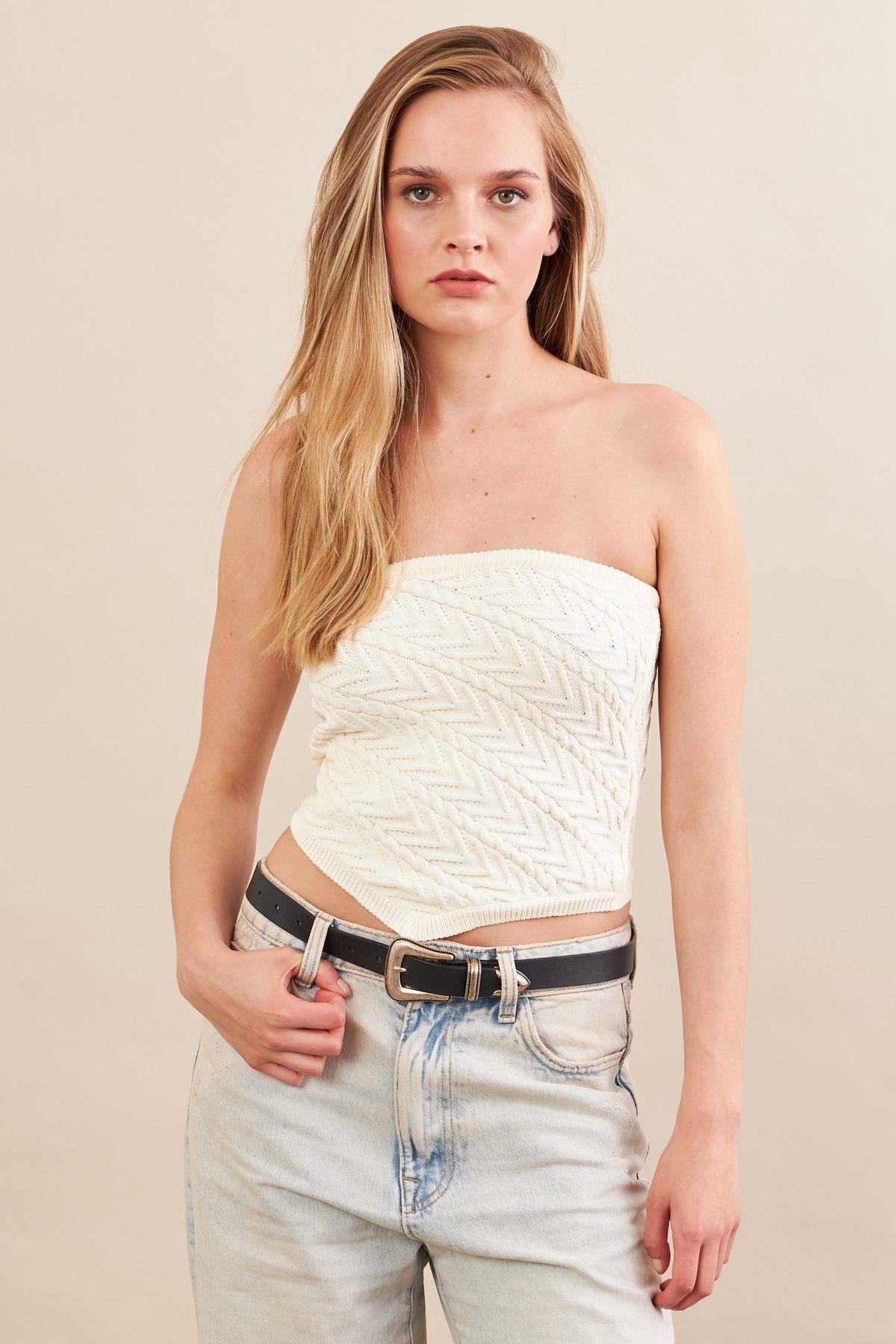 Kadın Ekru Straplez Triko Crop Bluz ZH049