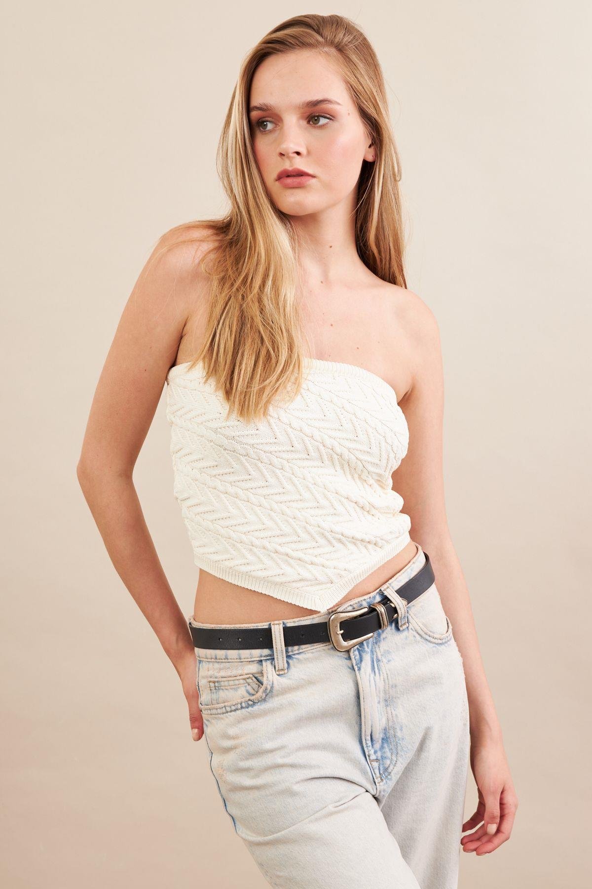 Kadın Ekru Straplez Triko Crop Bluz ZH049
