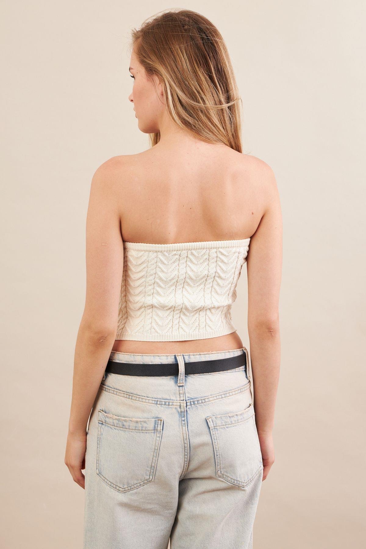 Kadın Ekru Straplez Triko Crop Bluz ZH049
