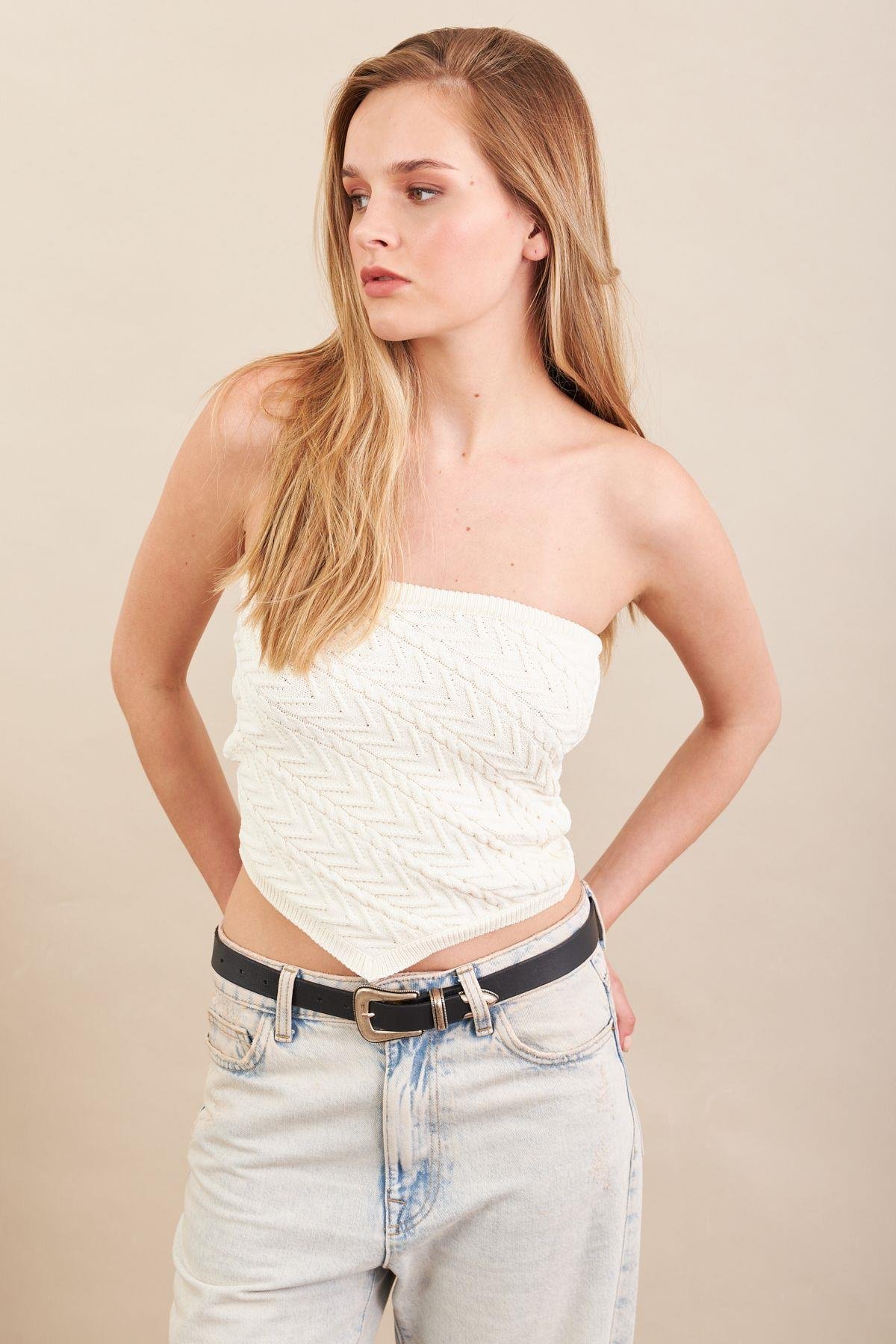 Kadın Ekru Straplez Triko Crop Bluz ZH049