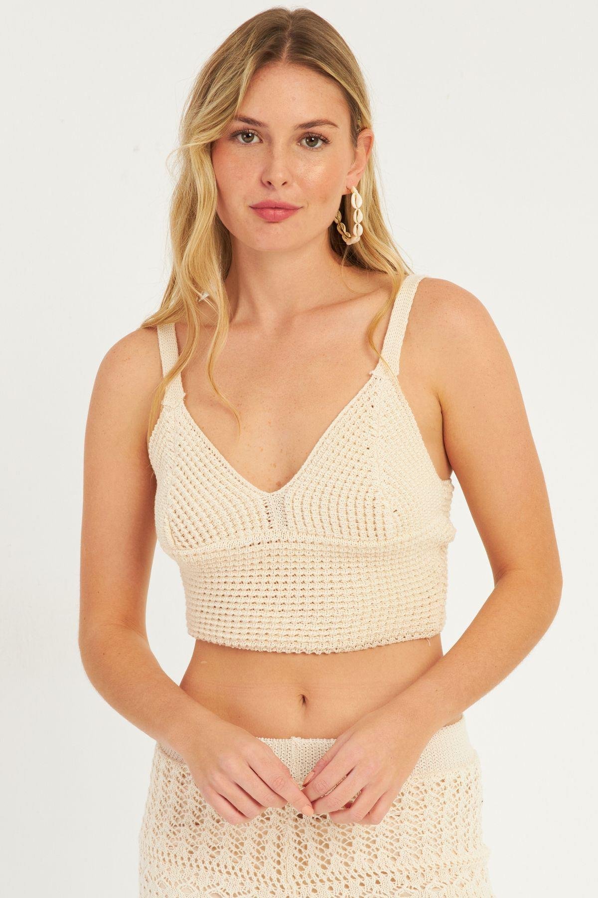 Kadın Ekru Triko Crop Bluz KZ2507