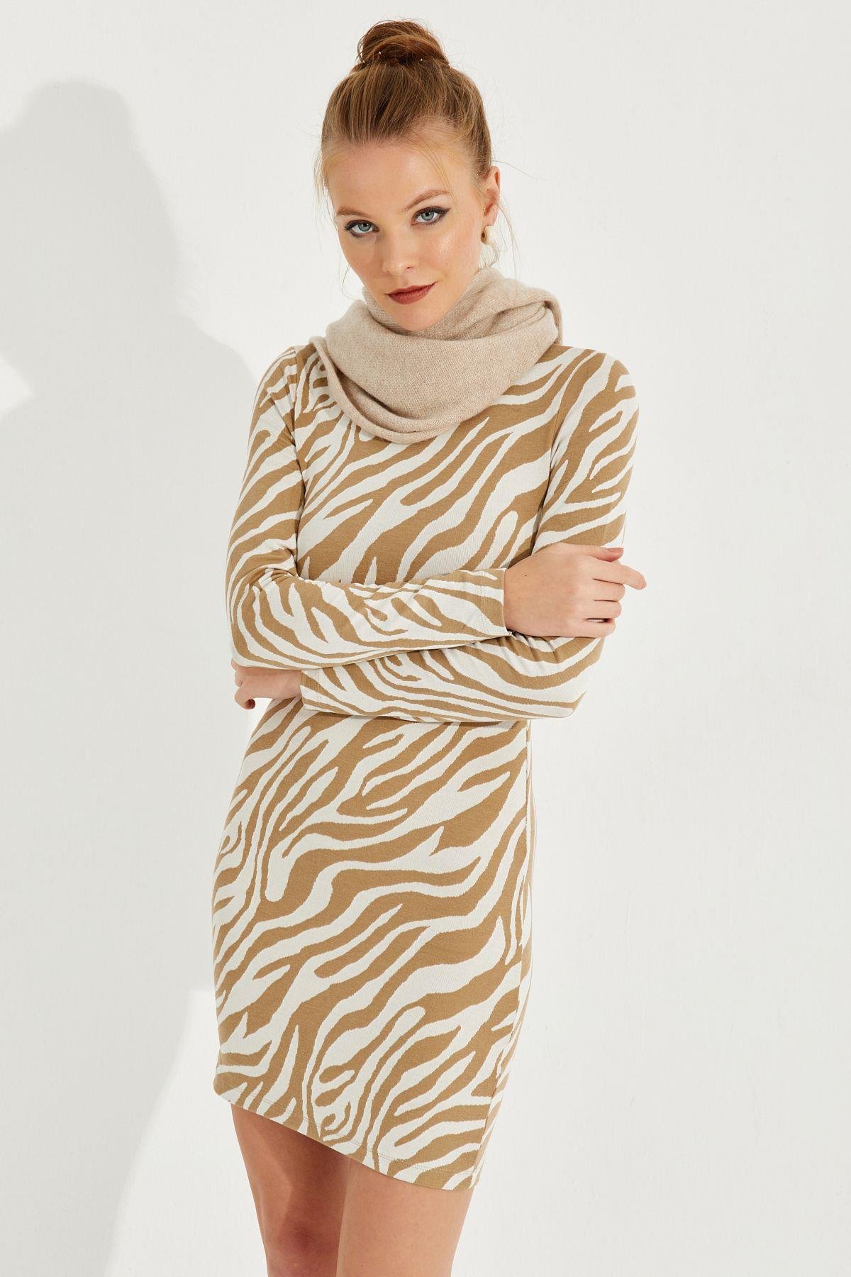 Kadın Ekru Zebra Desenli Mini Elbise AYD249