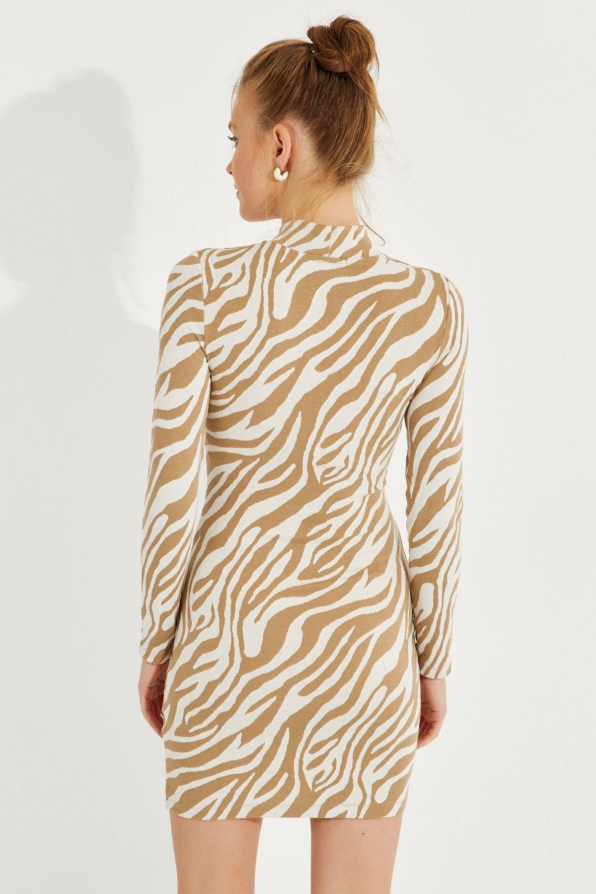 Kadın Ekru Zebra Desenli Mini Elbise AYD249