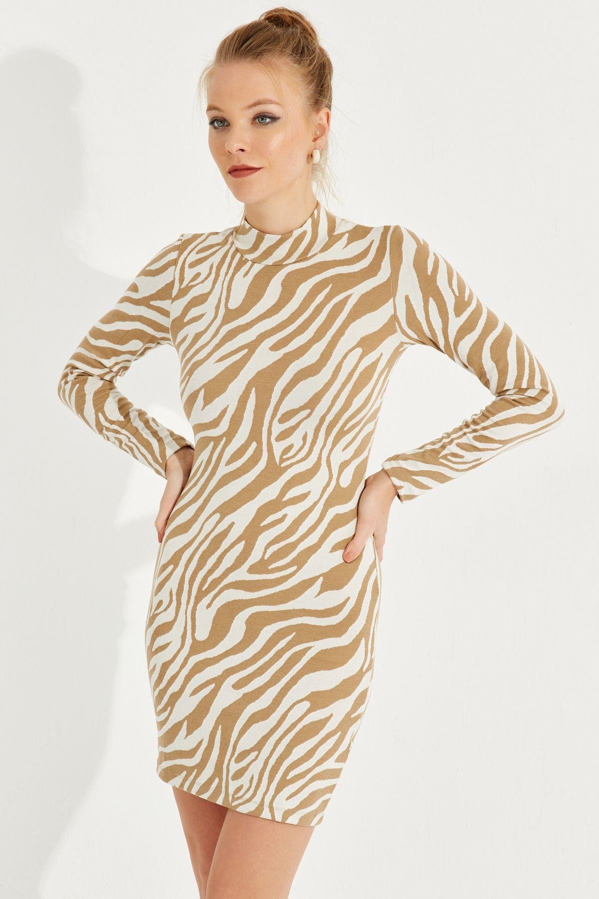 Kadın Ekru Zebra Desenli Mini Elbise AYD249