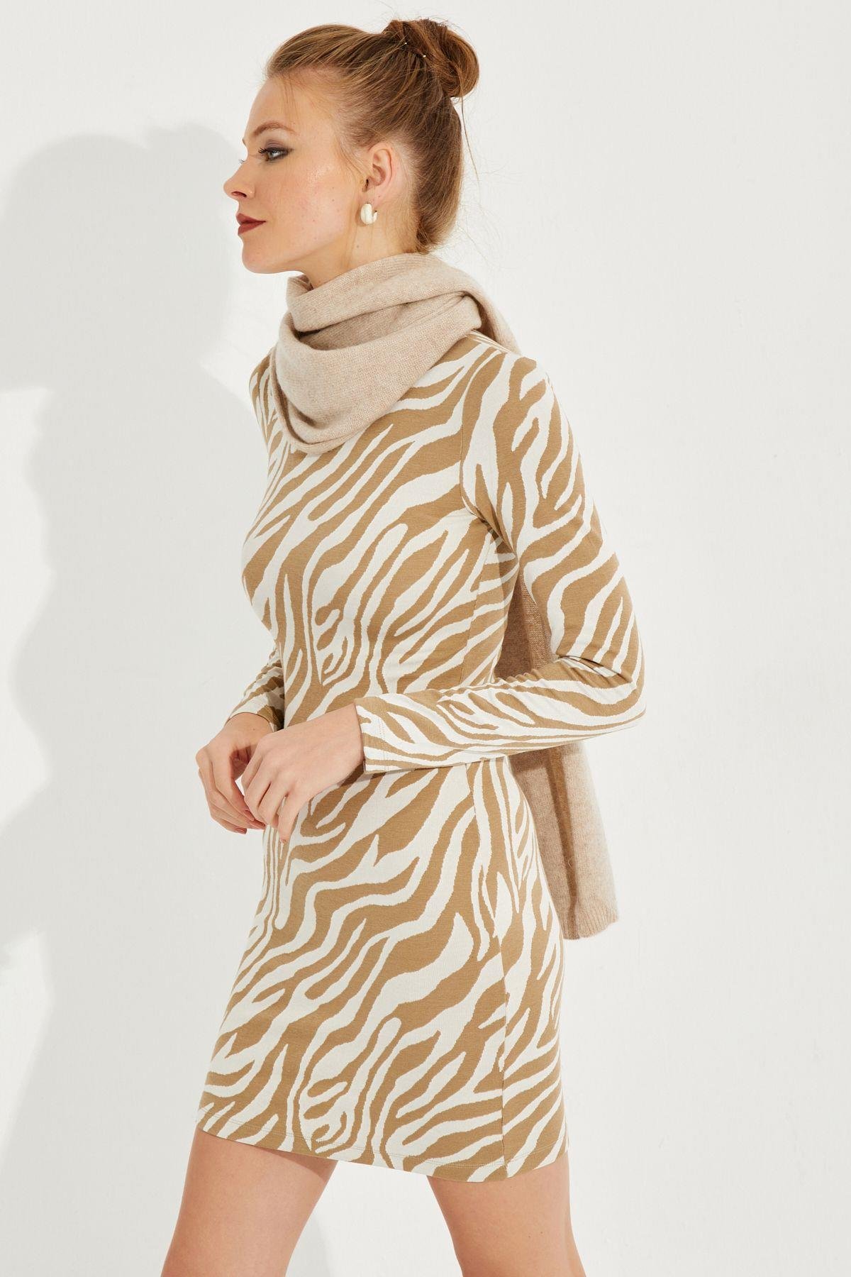Kadın Ekru Zebra Desenli Mini Elbise AYD249