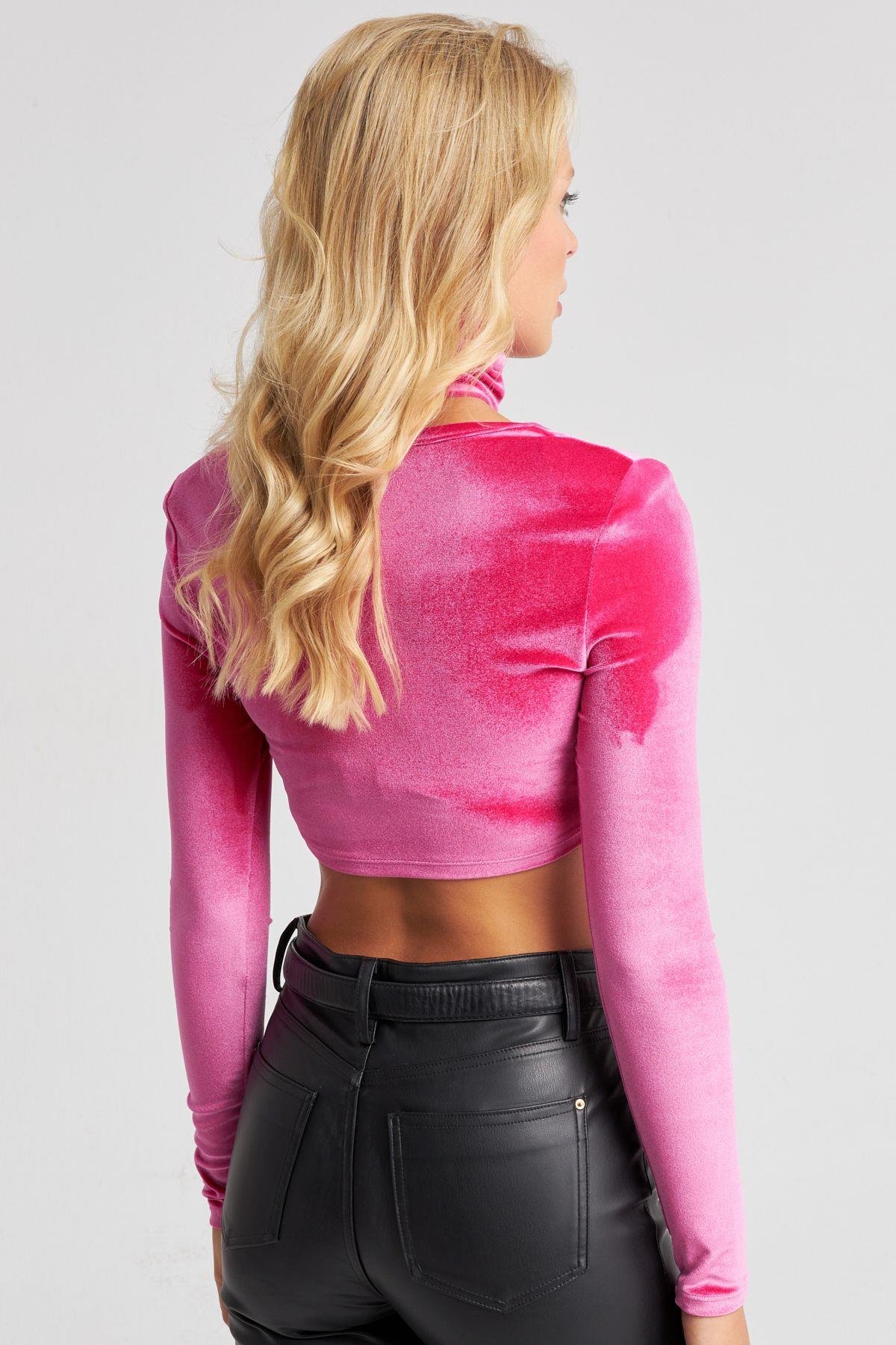 Kadın Fuşya Kare Yaka Boyunluklu Kadife Crop Bluz B2867