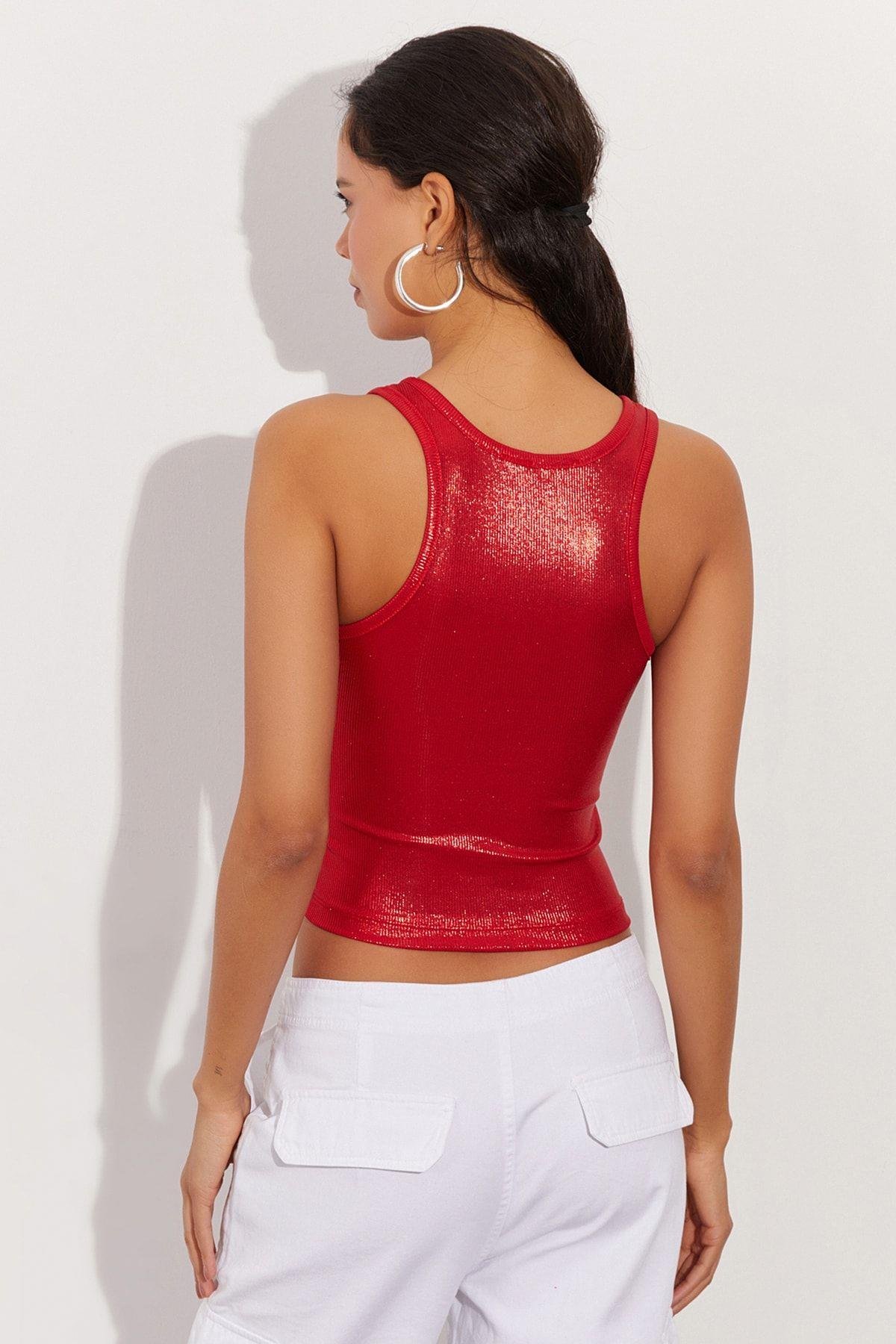 Kadın Fuşya Metalik Crop Bluz LPP1218