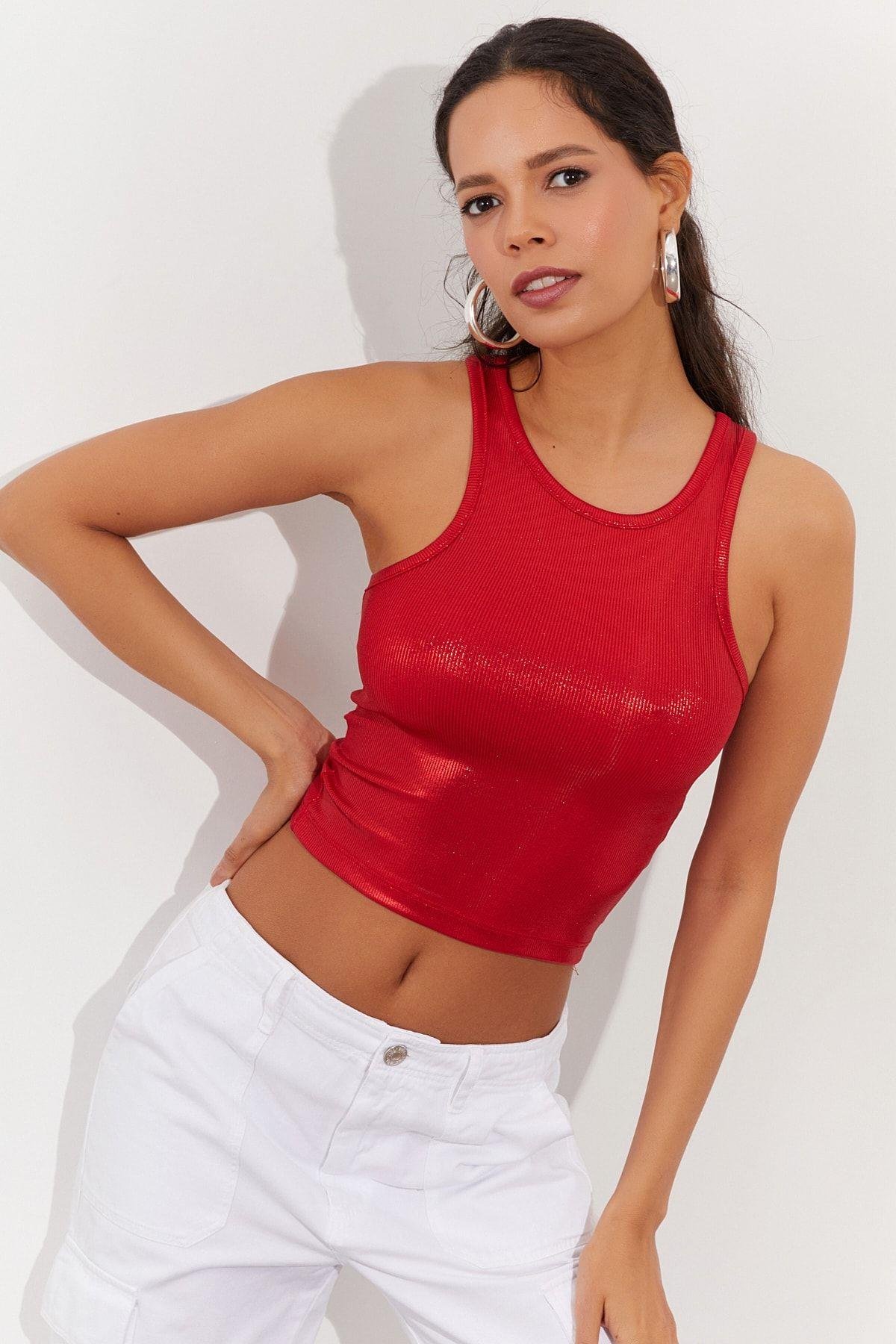 Kadın Fuşya Metalik Crop Bluz LPP1218