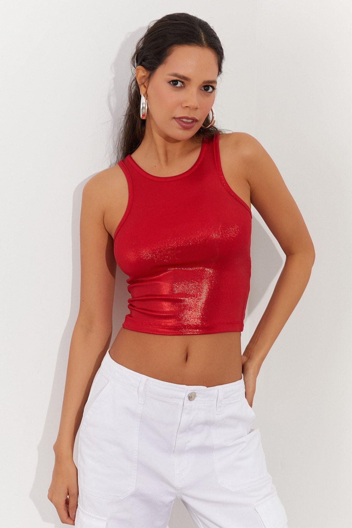 Kadın Fuşya Metalik Crop Bluz LPP1218