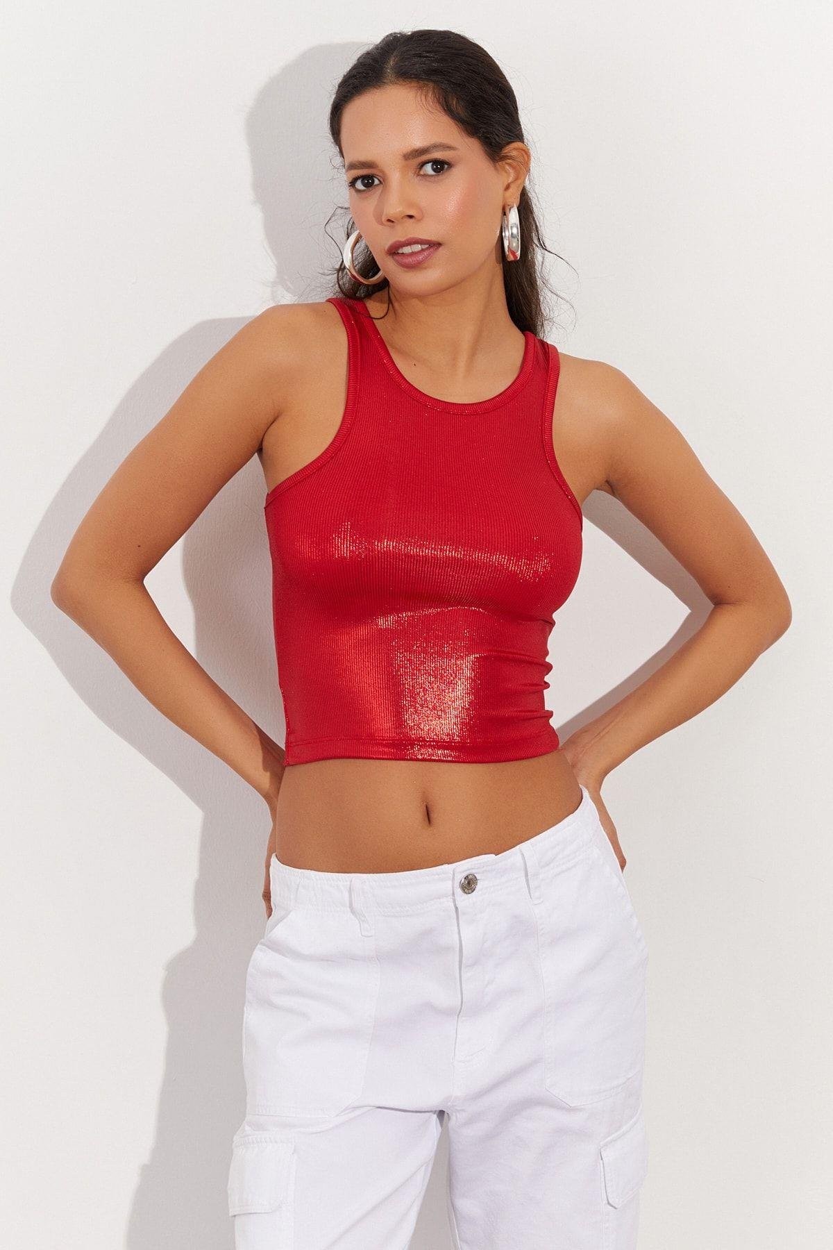 Kadın Fuşya Metalik Crop Bluz LPP1218