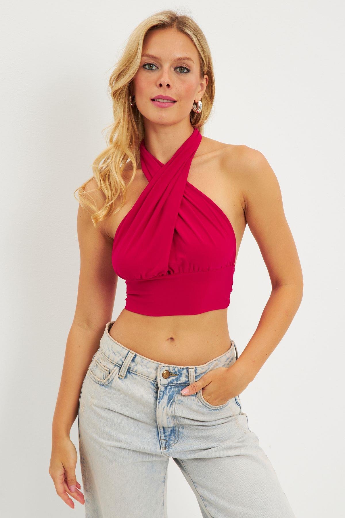 Kadın Fuşya Multi Bağlamalı Crop Bluz LPP1280
