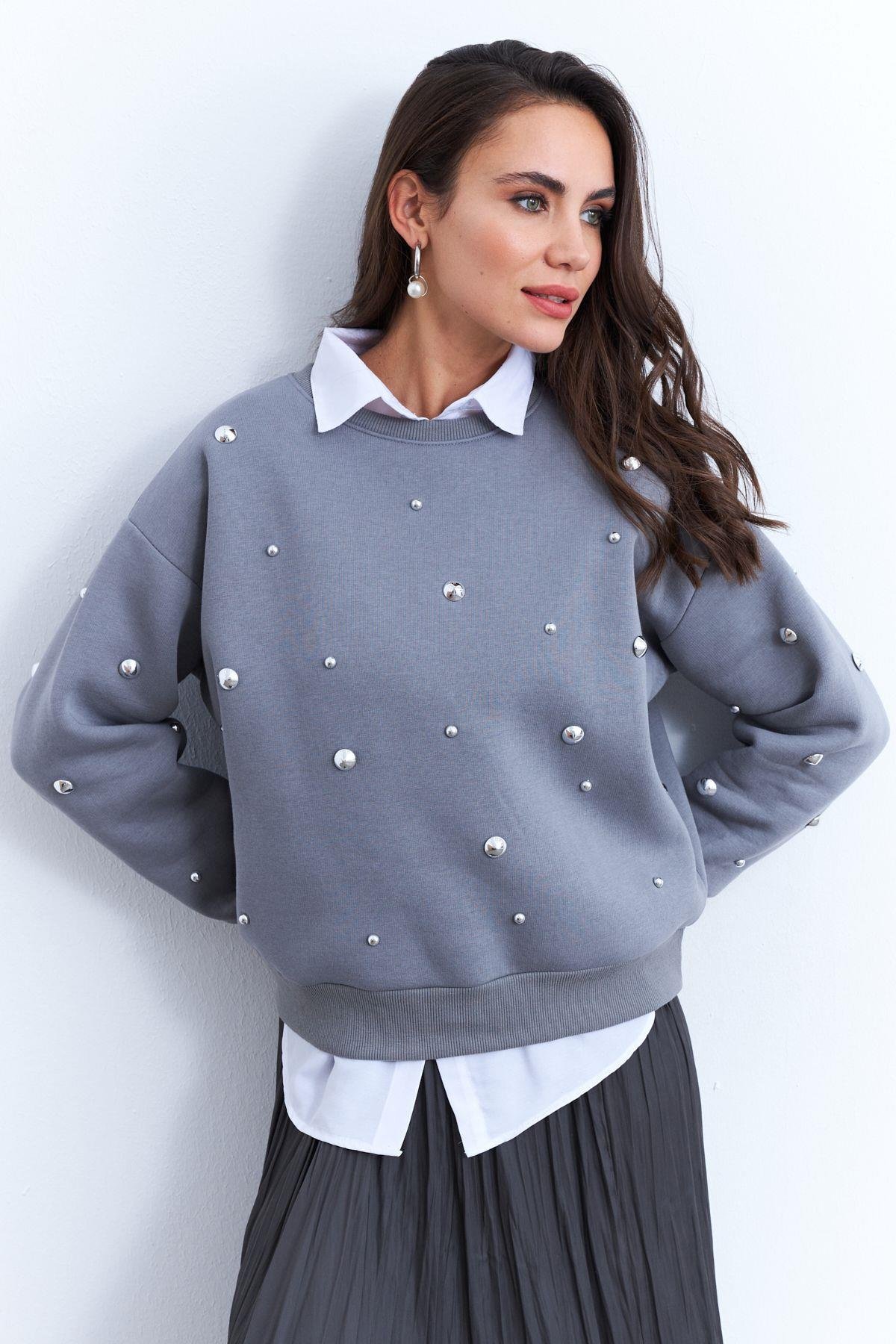 Kadın Gri Aksesuarlı Sweatshirt PP6451