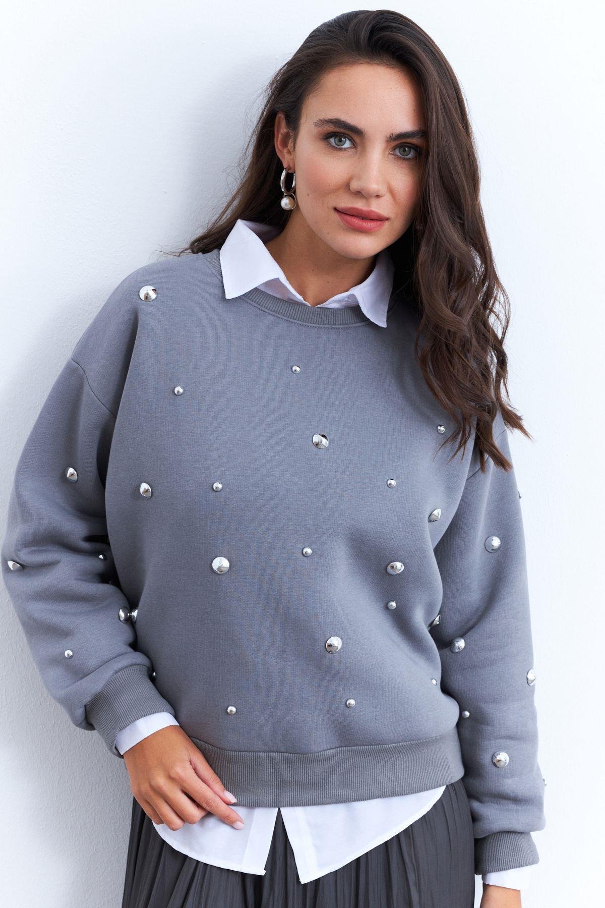 Kadın Gri Aksesuarlı Sweatshirt PP6451