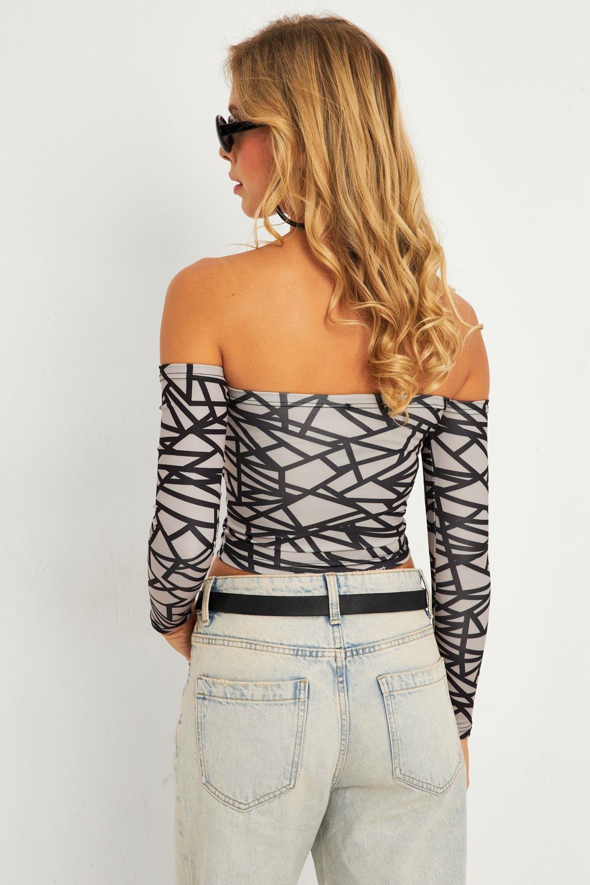 Kadın Gri Desenli Crop Bluz CG378
