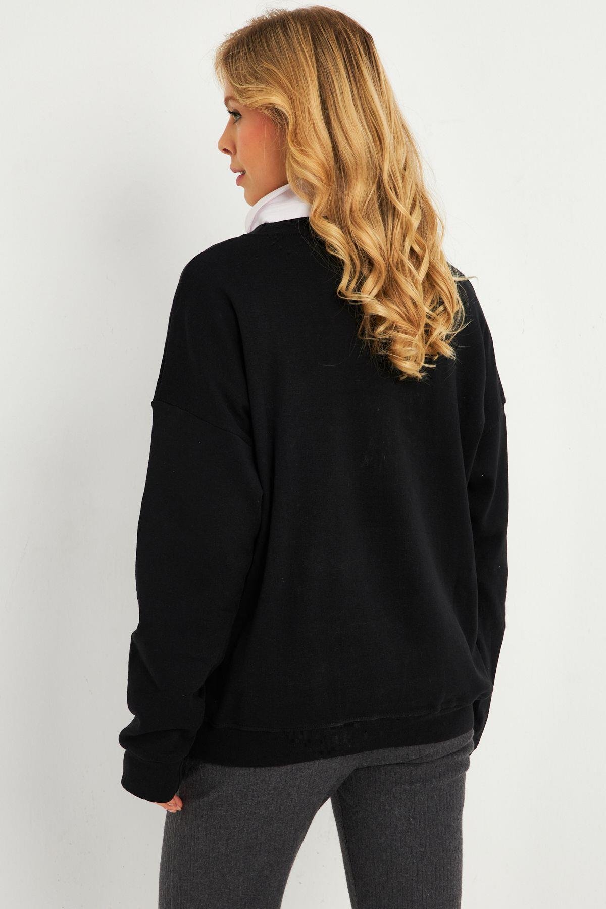 Kadın Gri-Fuşya Nakışlı Sweatshirt YLE20