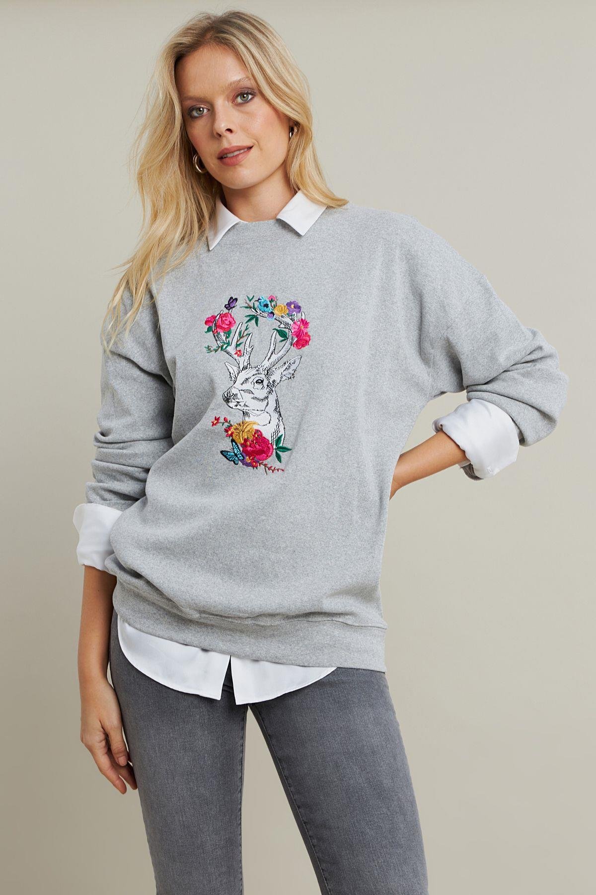 Kadın Gri-Fuşya Nakışlı Sweatshirt YLE20