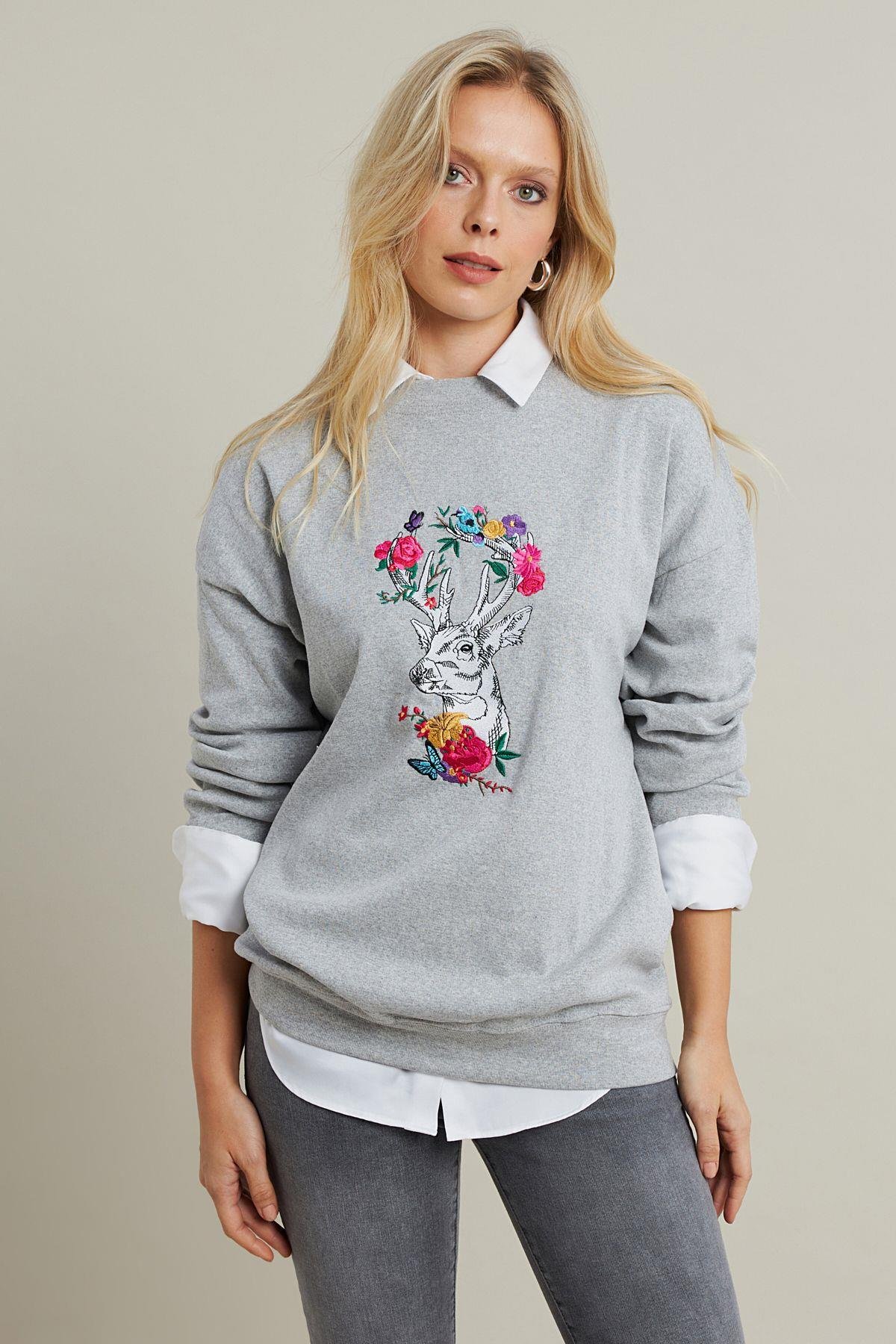 Kadın Gri-Fuşya Nakışlı Sweatshirt YLE20