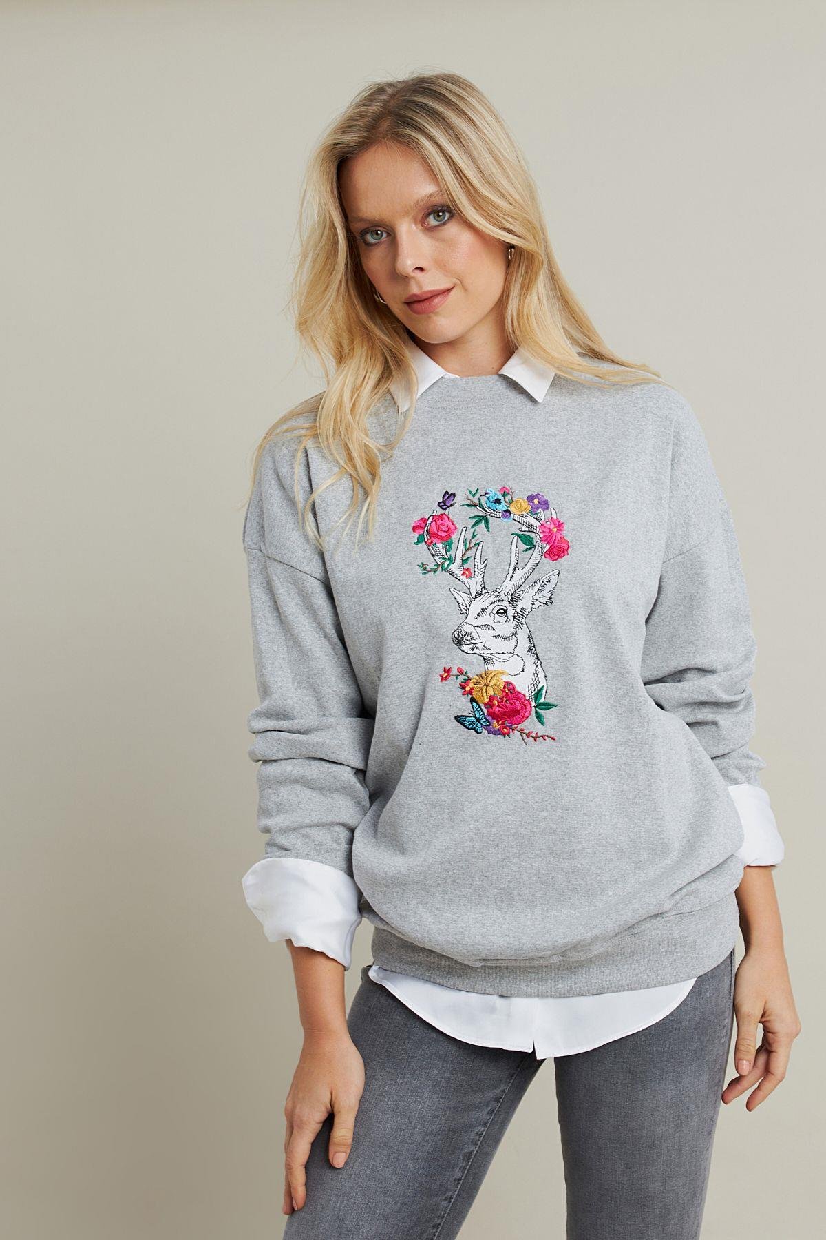 Kadın Gri-Fuşya Nakışlı Sweatshirt YLE20