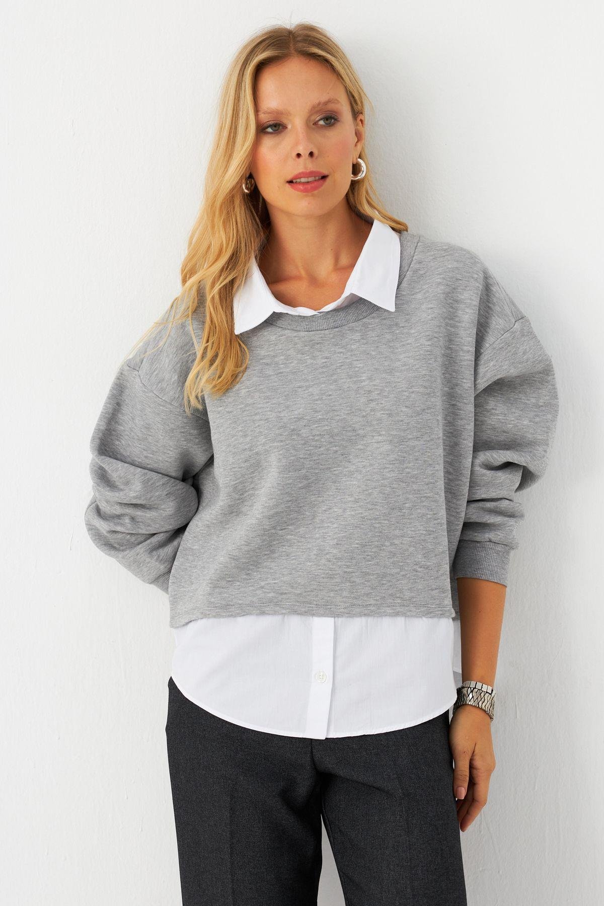 Kadın Gri Gömlek Detaylı Sweatshirt MAYD21