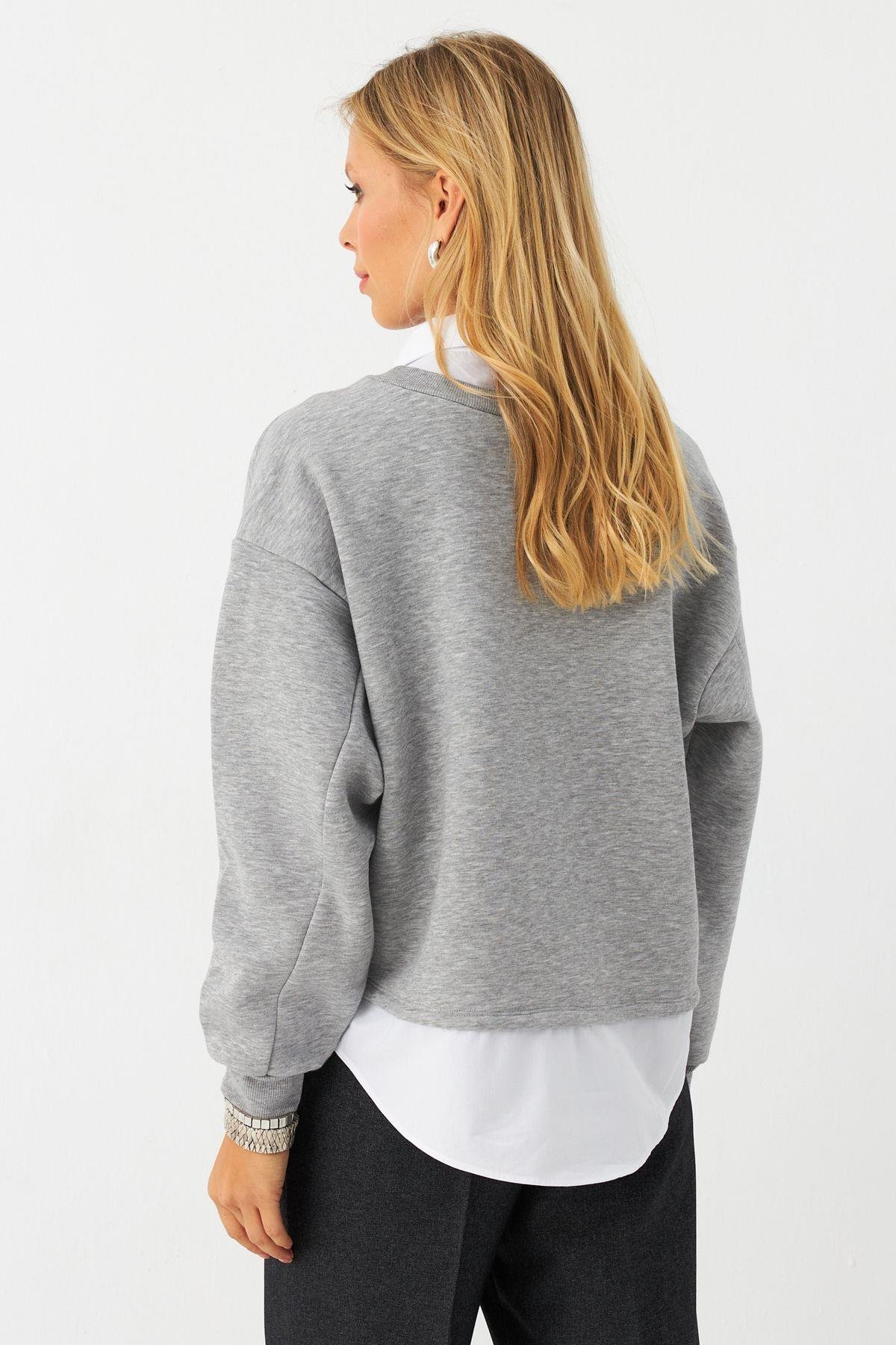 Kadın Gri Gömlek Detaylı Sweatshirt MAYD21