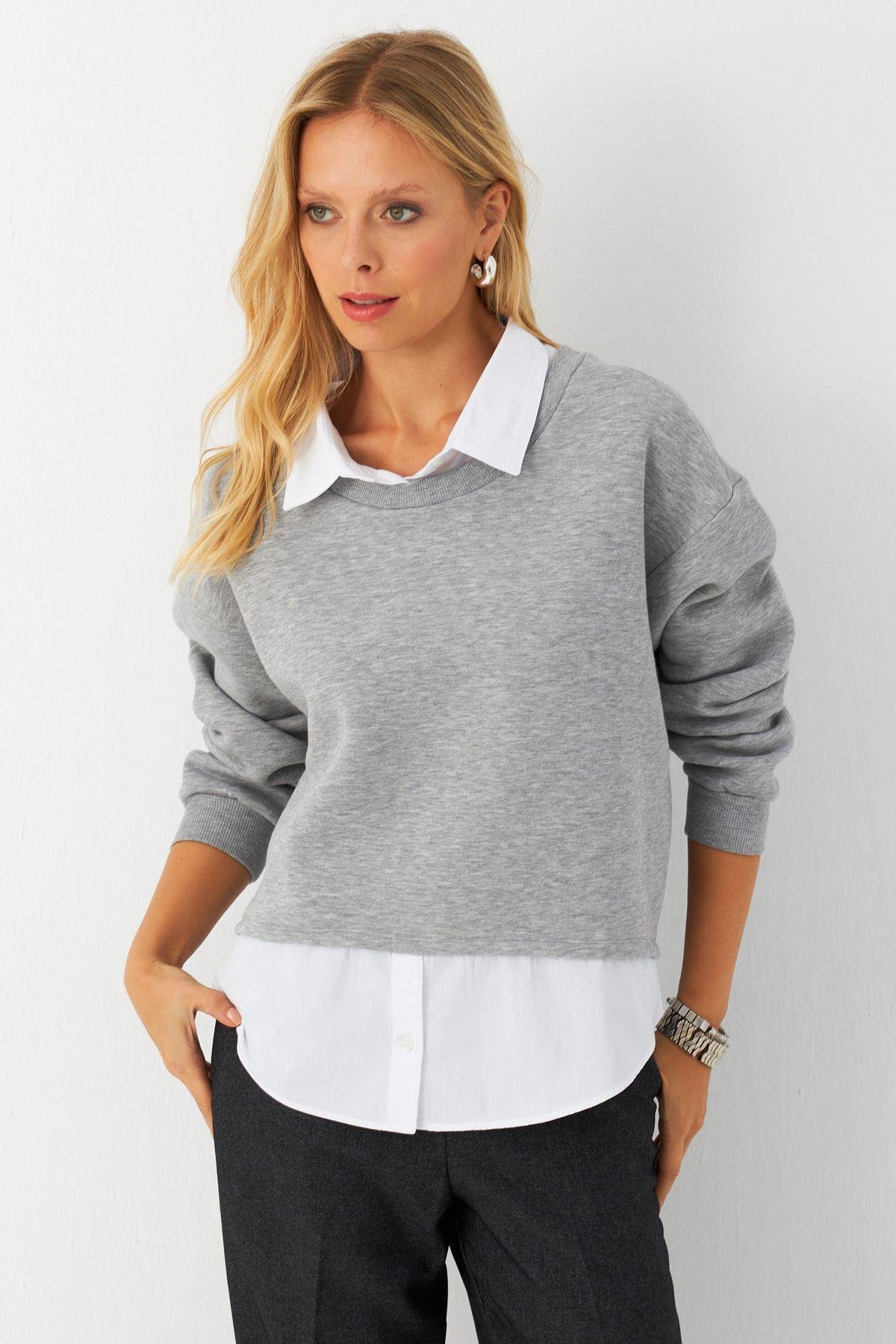 Kadın Gri Gömlek Detaylı Sweatshirt MAYD21
