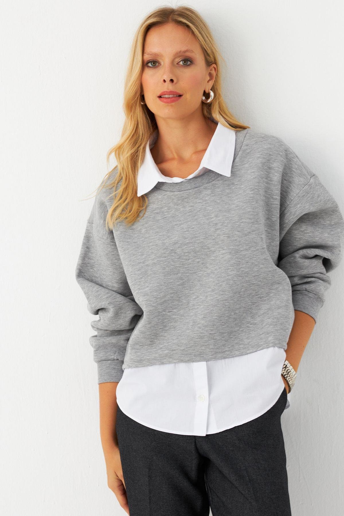 Kadın Gri Gömlek Detaylı Sweatshirt MAYD21