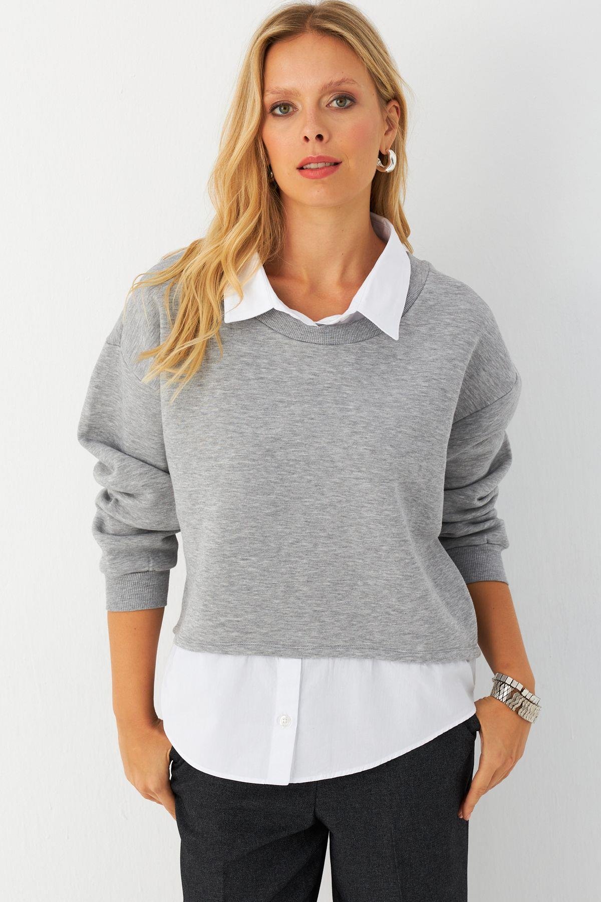Kadın Gri Gömlek Detaylı Sweatshirt MAYD21