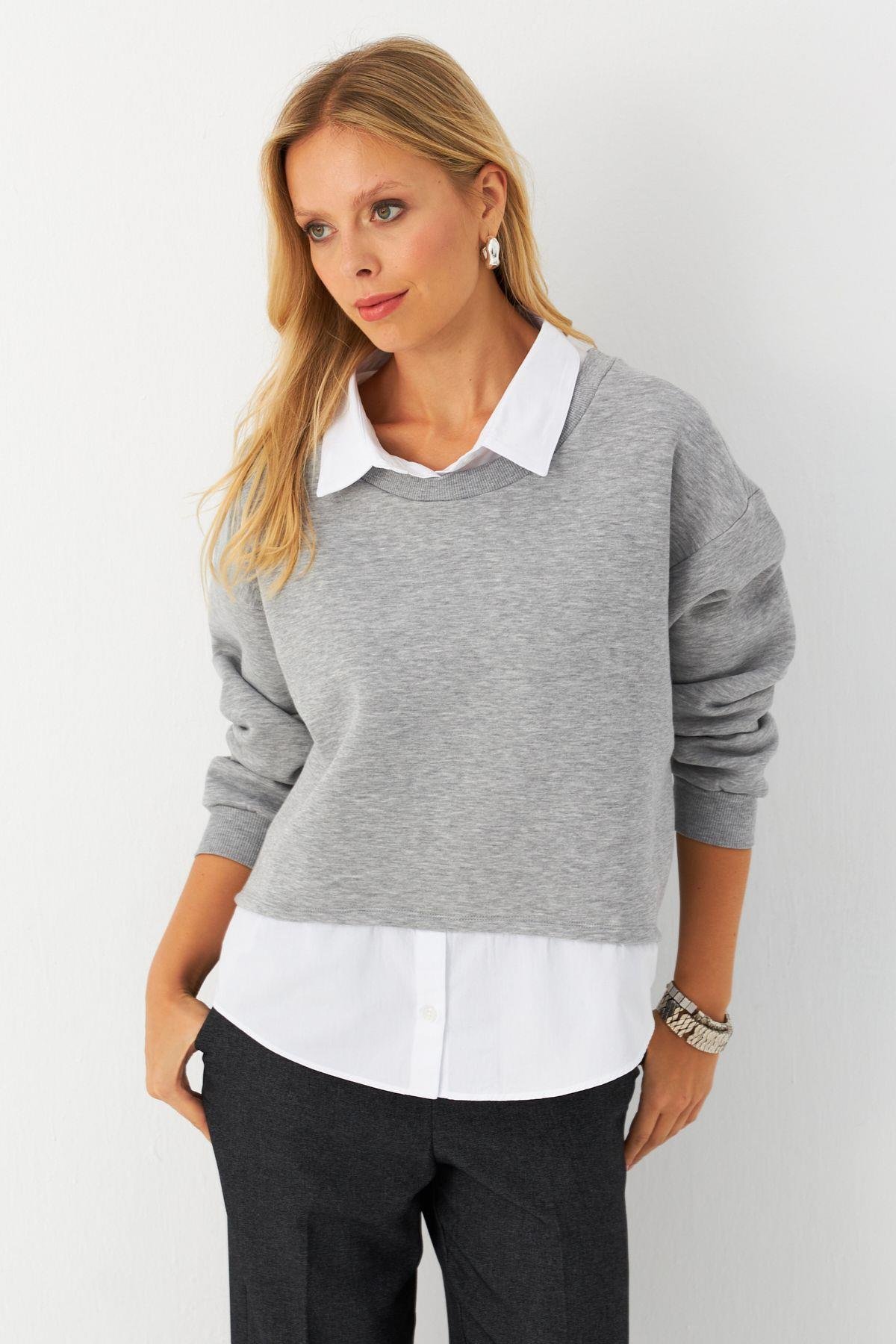 Kadın Gri Gömlek Detaylı Sweatshirt MAYD21