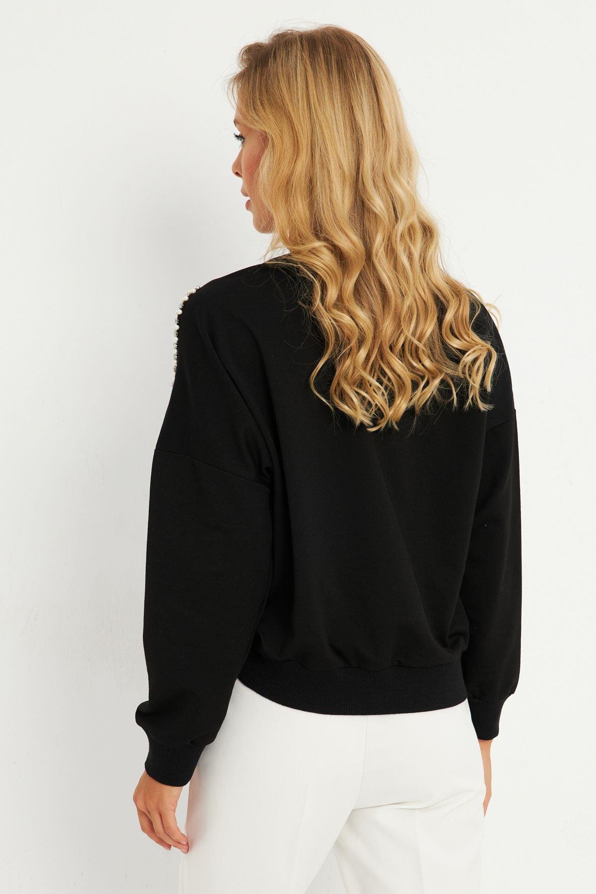 Kadın Gri İnci Detaylı Büzgülü Sweatshirt RLO04
