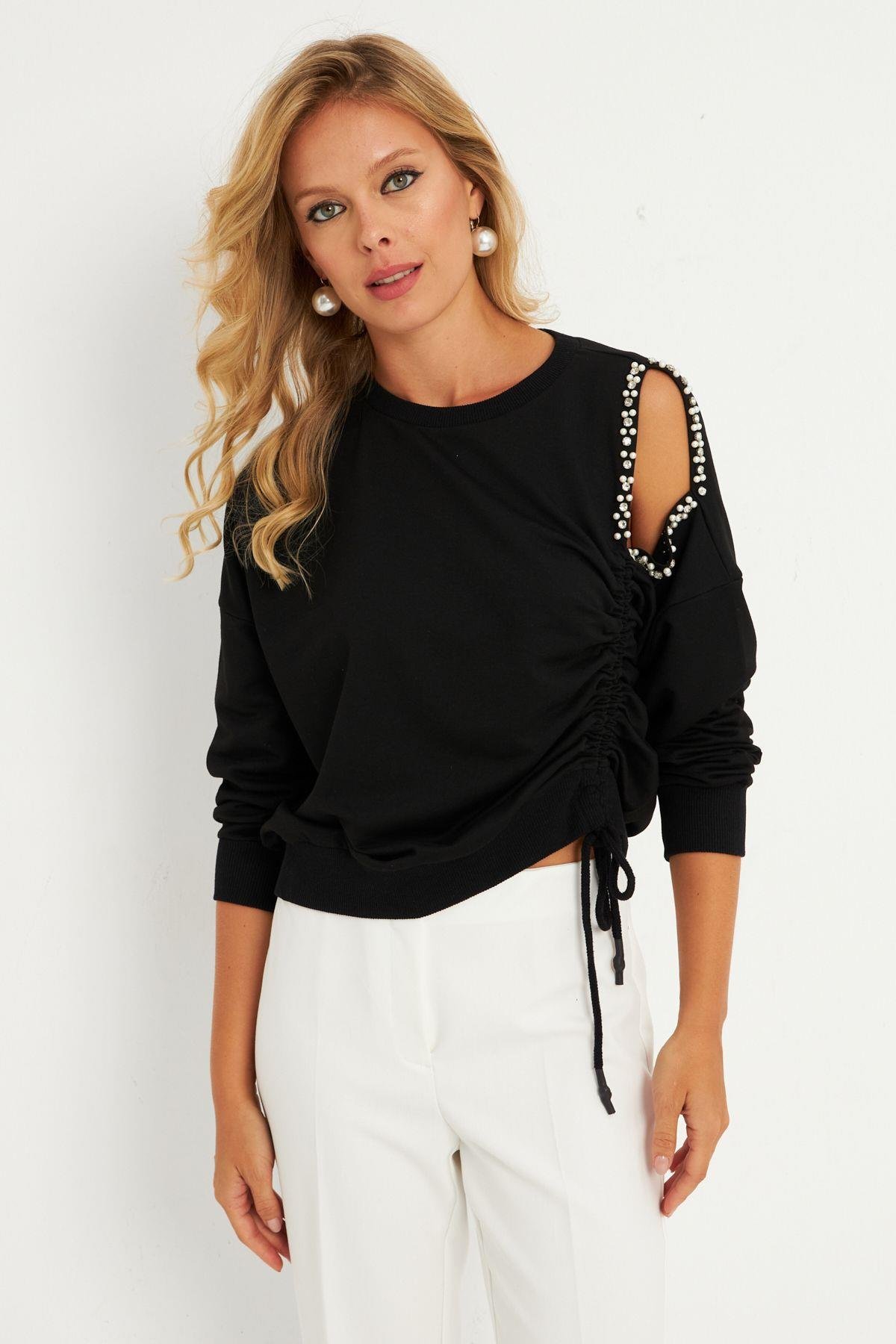 Kadın Gri İnci Detaylı Büzgülü Sweatshirt RLO04