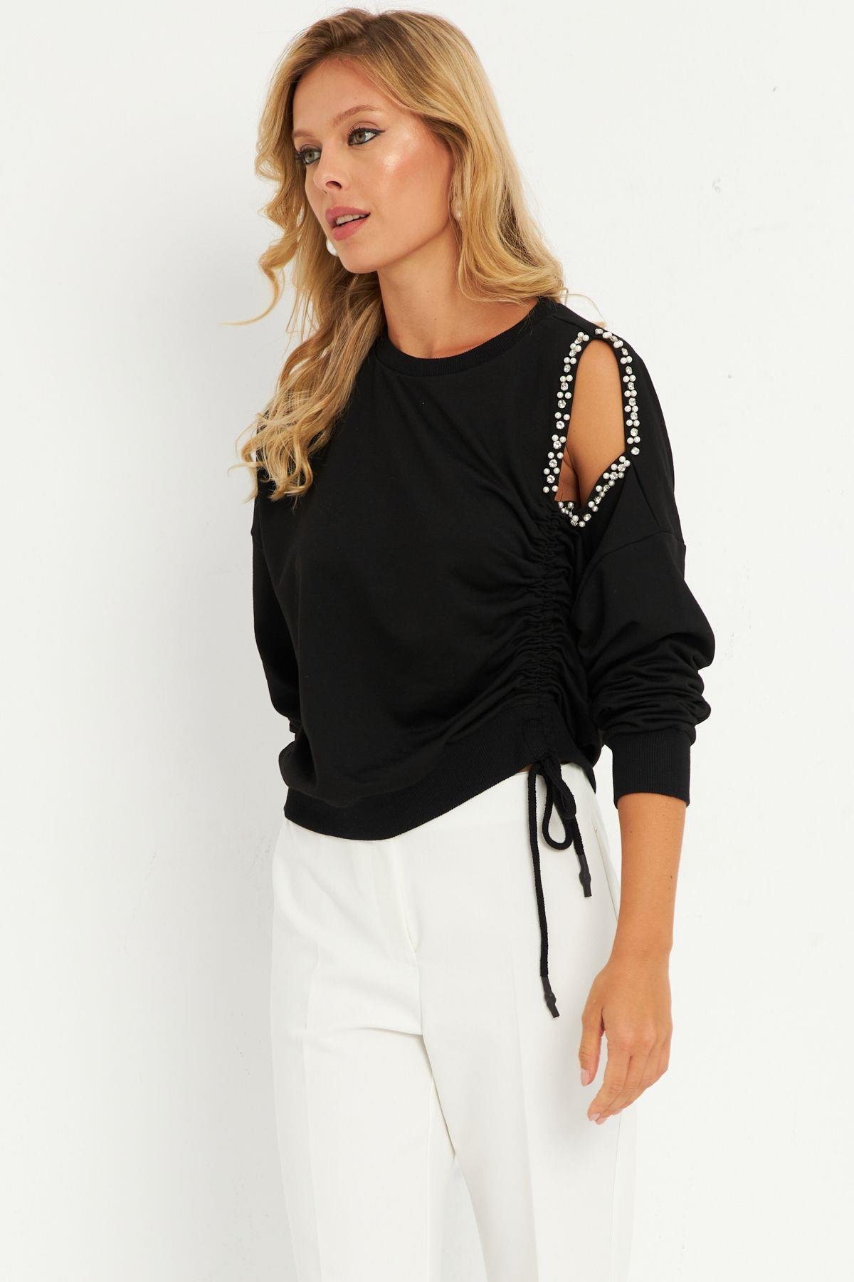 Kadın Gri İnci Detaylı Büzgülü Sweatshirt RLO04