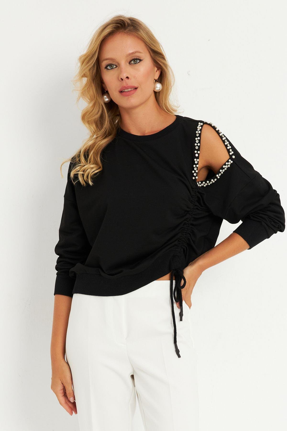 Kadın Gri İnci Detaylı Büzgülü Sweatshirt RLO04