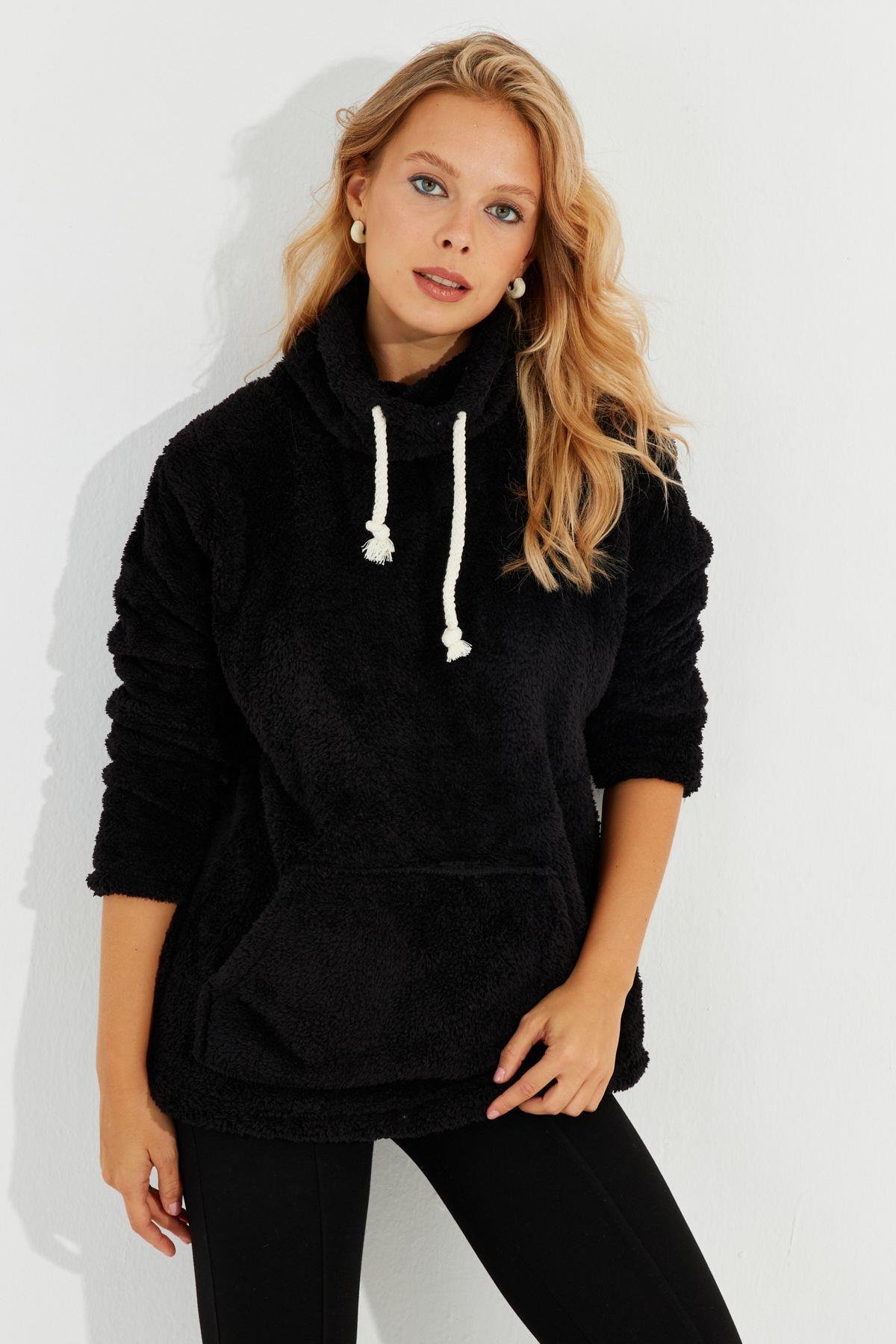 Kadın Gri Kanguru Cep Peluş Sweatshirt Q978